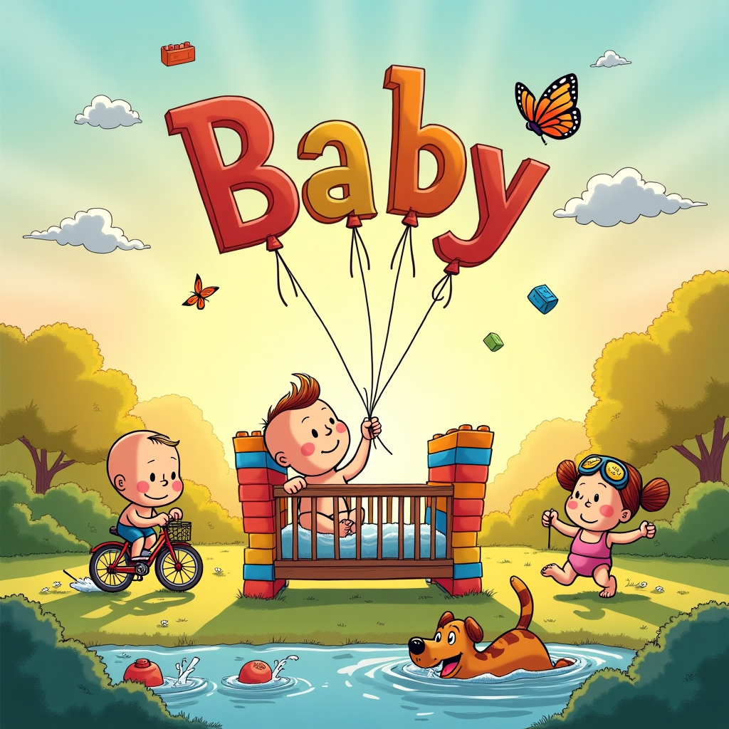 **Front Cover Illustration Description:**

**Background:**
Imagine a whimsical park scene bathed in the golden glow of a cartoonish sunset, with soft pastel clouds dotted across a sky transitioning from light blue to gentle pink. The sun, large and round, is smiling down with closed eyes and rosy cheeks, reminiscent of Charles Schulz's style.

**Foreground:**
At the center, a Lego-styled baby crib, constructed from oversized, colorful Lego bricks in vibrant reds, blues, and yellows, acts as the scene's focal point. The crib is surrounded by a dynamic array of activities, each represented by a playful, exaggerated character.

**Characters and Activities:**

1. **Cycling:**
   - A cartoon character with a comically large head, inspired by Bill Watterson's Calvin, joyously rides a mini bicycle around the crib. The bicycle is adorned with streamers and sports a basket filled with flowers.

2. **Swimming:**
   - In the bottom left corner, a tiny inflatable pool with cartoonishly large waves features a baby wearing a swim cap and goggles. The water splashes are exaggerated, with water droplets appearing as smiling fish.

3. **Walking Dog:**
   - On the right side, a character reminiscent of Gary Larson’s quirky style is being enthusiastically dragged by a large, floppy-eared cartoon dog on a leash, the dog’s tongue lolling out happily as they circle the crib.

4. **Running:**
   - A character with an Osamu Tezuka-inspired face, featuring big expressive eyes, dashes playfully with oversized running shoes that seem to bounce with every step. They are playfully racing the dog, arms swinging wide.

**Text Element:**
In the sky, colorful alphabet block balloons spell out "Baby" in bold, cheerful letters. The balloons are tied together with a single string, looping whimsically, as if being carried by a gentle breeze.

**Additional Elements:**
- Scatter a few comic-style butterflies fluttering above the scene, adding a touch of R. Crumb’s detailed line work.
- Add a path made of stepping stones resembling classic Tintin’s crisp outlines leading towards the crib, creating a sense of journey and exploration.

**Overall Scene:**
The combination of exaggerated features and vibrant colors creates a playful, energetic tableau, capturing the essence of a new baby celebration, infused with the delightful chaos and joy of welcoming a new life into a bustling, activity-filled world.
Generated with these themes: Lego, Cycling, Swimming, Walking dog, and Running.
Made with ❤️ by AI.