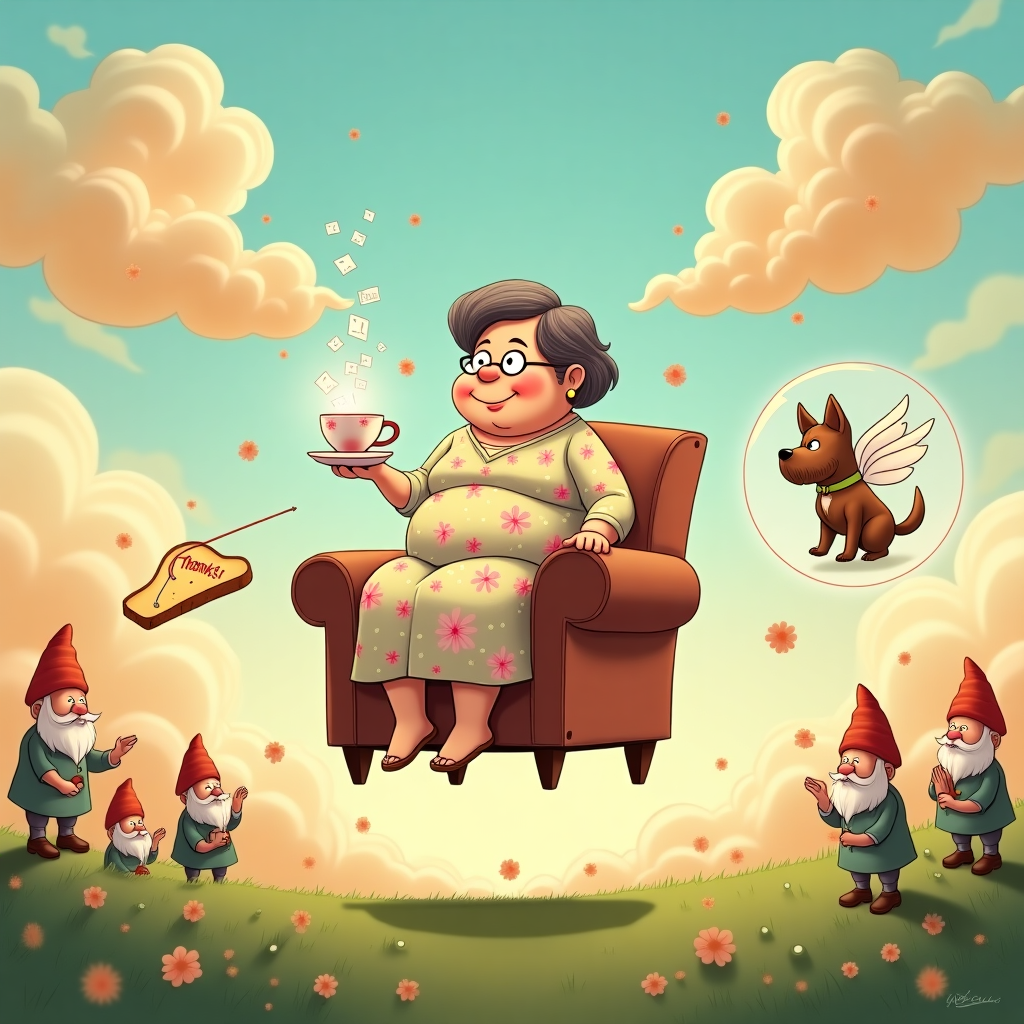 **Surreal Cartoon Prompt:**

A whimsical, dreamlike landscape where the sky swirls with soft tangerine and periwinkle clouds. In the center, a 60-year-old overweight woman with kind eyes, wearing a floral housecoat, floats gently in mid-air while seated atop a levitating patchwork armchair. Her short brown and grey hair is blown gently by a nonexistent breeze. She holds a glowing teacup that emits small thank-you notes like steam.  

Beside her, floating serenely in a bubble, is a transparent, ethereal Yorkshire Terrier with angel wings and a small golden crown, smiling peacefully. Around them drift large floating objects like a giant slice of toast, a knitting needle with thread forming the word "Thanks!", and oversized garden gnomes clapping in silent appreciation.  

The overall tone is heartwarming and surreal, evoking gratitude, memory, and love through dreamlike imagery and cartoon exaggeration.
Generated with these themes: 60 years old woman, Overweight, Brown and grey short hair, A dead yorkshire terrier, and .
Made with ❤️ by AI.
