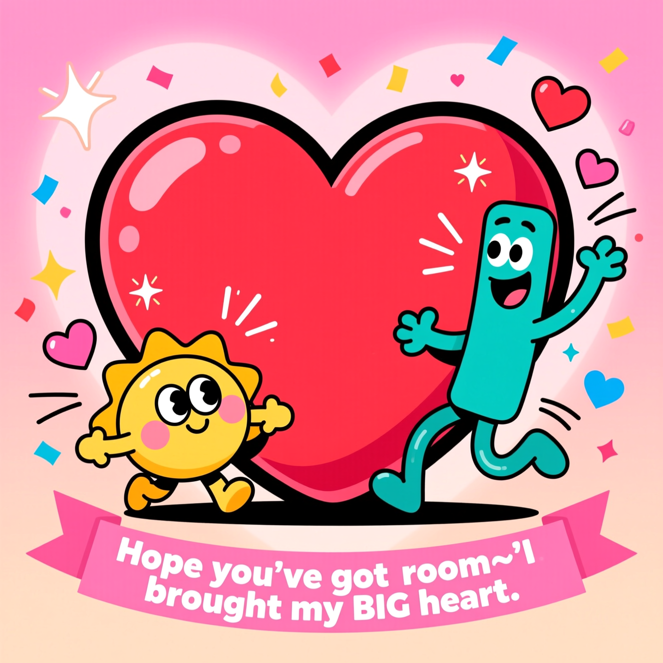 Funny Valentine’s Day cartoon scene, portrait composition: a gigantic glossy red heart dominates the center (fills ~75% of the frame), candy-apple shine, thick black outline. Two playful cartoon characters with exaggerated proportions cling to the bottom of the heart in whimsical, energetic poses—one short, round, sunshine-yellow character wobbling on tiptoes with puffed cheeks and big sparkly eyes; one tall, lanky teal character leaning back with noodle arms and a goofy grin. Add energetic motion lines, sparkles, and floating mini hearts bursting around them. Bright saturated palette (cherry red, hot pink, sunshine yellow, teal, sky blue), flat cel shading, crisp vector feel, high contrast. Background: clean gradient from soft pink (top) to peach (bottom) with a subtle heart-shaped glow halo; sprinkle confetti and starbursts for extra celebration. Thick outlines everywhere, playful, bouncy shapes.

Include a small, cheeky one-line caption on a curved ribbon banner near the bottom, thick outlined letters, white fill with pink drop shadow:
“Hope you’ve got room—I brought my BIG heart.”
Generated with these themes: Big heart, and .
Made with ❤️ by AI.