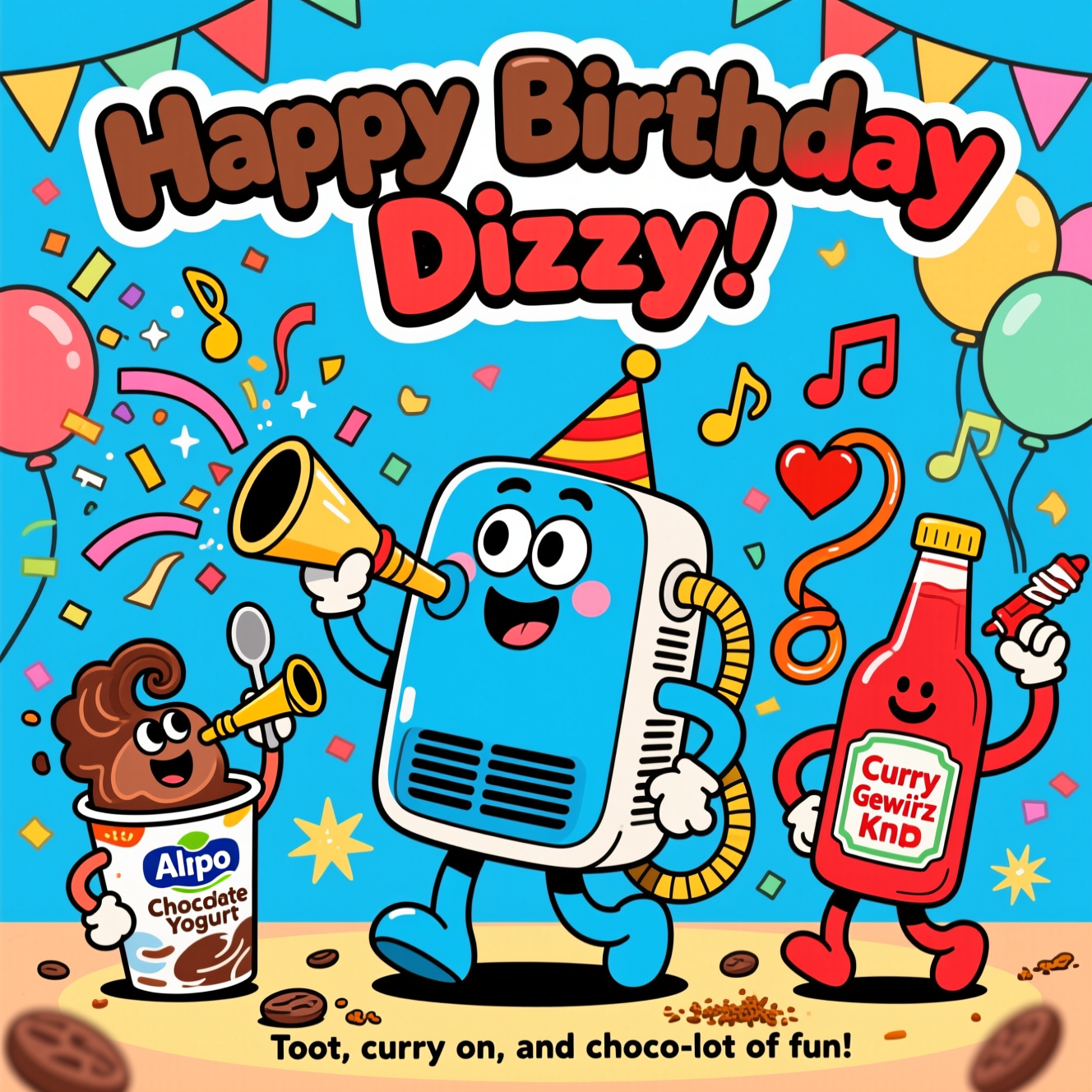 At the top of the Cartoon Style image, display the text "Happy Birthday Dizzy" in big bouncy bubble letters with a chocolate-brown and ketchup-red gradient, outlined in thick white and black.

A full-bleed, vertical, funny Cartoon Style scene with exaggerated, playful characters, thick outlines, and bright saturated colors:
- Center stage: a cheerful sky-blue air purifier character with googly eyes and rubber-hose limbs, wearing a tiny party hat. From its front vents, it blasts a gust of glittery confetti, streamers, and musical notes that swoosh across the scene.
- Left: a lively cup labeled “Alpro Chocolate Yogurt,” sporting a swirly chocolate “hairdo,” wearing a harmonica on a necklace and tooting it proudly; one spoon-arm up like a mic, mid-dance.
- Right: a chunky red bottle labeled “Curry Gewürz Ketchup” with a cheeky grin, twisting in a disco pose while squeezing a curly ribbon of ketchup that loops into a heart and a music note.
- Comedic motion lines, starbursts, and tiny cocoa flecks and curry spice sparkles caught in the purifier’s airflow add energy.
- Background: simple party bunting and balloons shaped like music notes, soft vignette so the characters pop.

Palette and finish: electric blue, tomato red, rich cocoa brown, sunny yellow, and mint green; bold black outlines, crisp cel-shading, soft party glow.

Small extra text: a single short line in a speech bubble near the yogurt reads, “Toot, curry on, and choco-lot of fun!”
Generated with these themes: Alpro chocolate  yogurt, Curry gewurtz ketchup, Blue air purifier , Harmonica on necklace, and .
Made with ❤️ by AI.