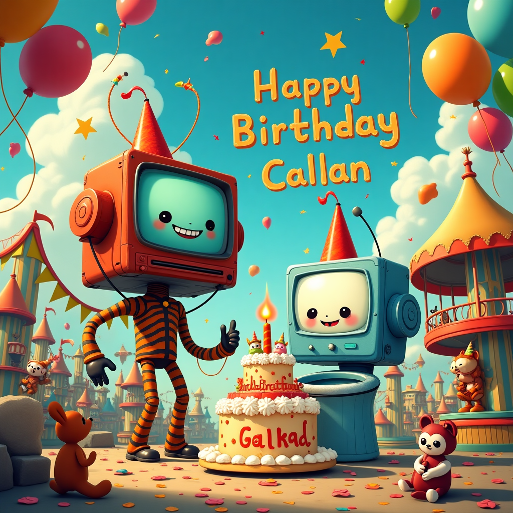 Titan Tv Man, and Skibidi Toilet, wearing birthday hats, balloon and streamers in huggy wuggy’s playground Birthday Card