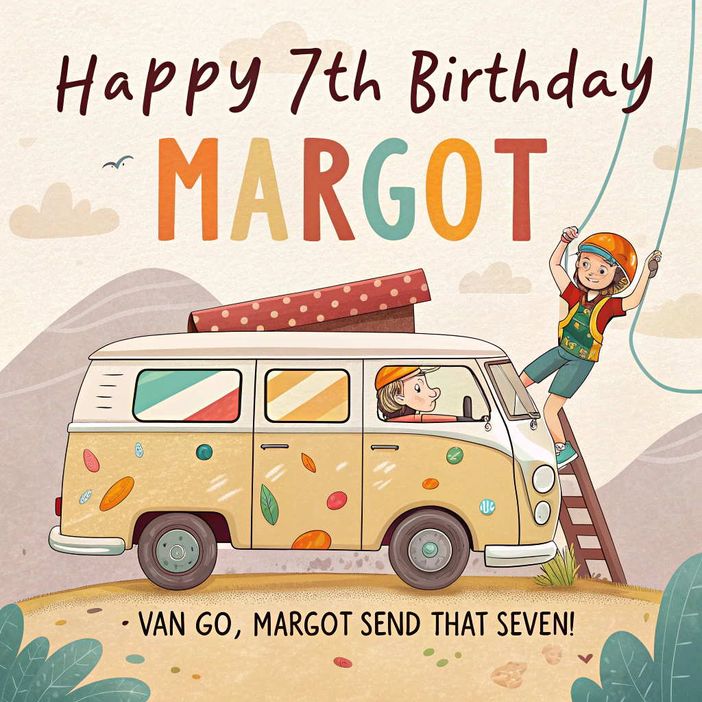 At the top of the Vector Style image, "Happy 7th Birthday Margot"

At the bottom of the image, "Van GO, Margot—send that seven!"

- In the center, show a cheerful retro campervan transformed into a rolling art studio: the side panel folds out into a mini climbing wall. The holds are paint splats and an artist’s palette, arranged to trace a big number 7 up the wall. A bright rope arcs neatly along the route.
- A joyful young climber in a colorful helmet and harness is mid-send, reaching to clip a giant paintbrush as the “top anchor.” Their chalk bag looks like a little paint pot, with crayon “quickdraws” clipped to the harness.
- On the camper roof, strap oversized flat-vector art supplies (big brush, fat pencil, sketchbook), like climbing gear on a rack. The van’s hubcaps resemble color wheels for a playful art nod.
- Surround with clean, minimal scenery: stylized mountains and triangle pines, a sunny sky with simple clouds, and a string of bunting. Add a couple of balloon shapes that subtly resemble carabiners for extra humor.
- Color palette: teal-and-white campervan with pops of coral, sunny yellow, sky blue, and violet. Solid color blocks, crisp outlines, minimal or no gradients; subtle long shadows only where needed.
- Typography: bold, friendly sans-serif; large headline at the top, compact punchline at the bottom; high contrast for readability.
- Overall vibe: playful, witty, clean flat-vector art where campervan + art + climbing fuse into one funny scene.
Generated with these themes: Campervan, art, climbing, and .
Made with ❤️ by AI.