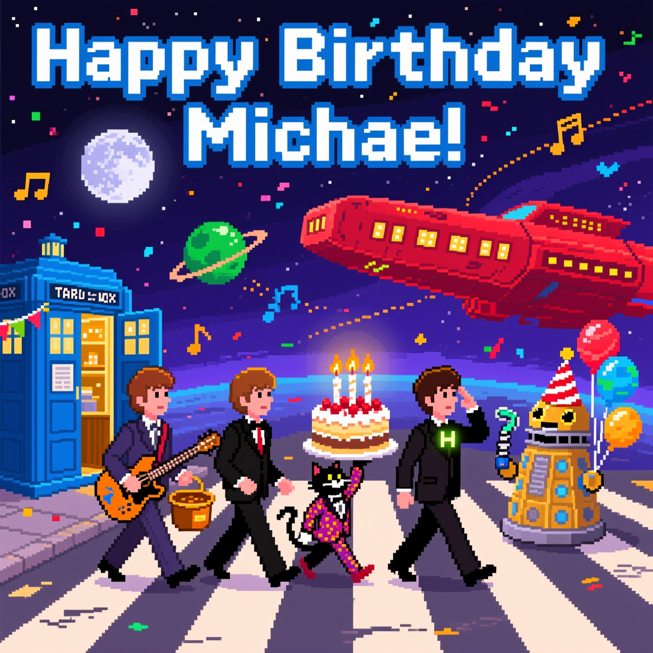 Dr who, Beatles, Red dwarf, and Birthday Card