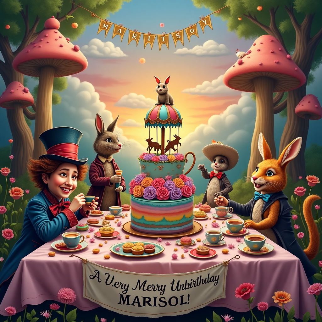 In the vibrant heart of Wonderland, a whimsical "Unbirthday" party is in full swing. The scene unfolds under a sky painted in hues of sunset orange and dusky purple, with fluffy clouds whimsically arranged to spell out "MARISOL" in playful script. A long, sprawling table stretches across the enchanted clearing, its surface laden with an array of mismatched teacups, towering cakes, and peculiar pastries that seem to defy gravity. The Mad Hatter, with his iconic oversized hat askew, is mid-laugh, tipping his cup of steaming tea. Opposite him, the March Hare, with his twitchy ears, is juggling colorful macarons while sitting atop a giant cupcake. A bouquet of vivid blue and pink roses, some of which have been whimsically painted half-red, stand proudly in a teapot centerpiece. A large unbirthday cake sits at the head of the table, a fantastical confection with layers of every color imaginable, its frosting swirled with sparkles. The cake is topped with a mini carousel that spins lazily, showcasing miniature, whimsical creatures like mice in tiny suits and rabbits in waistcoats. Alongside the cake, a banner hangs from the surrounding trees, crafted from teapot and teacup cutouts, proclaiming "A Very Merry Unbirthday, MARISOL!" in gold letters. Nearby, a dodo bird clumsily balances a tray of tarts, while the Cheshire Cat’s mischievous grin floats mysteriously in the air, his eyes glimmering with mischief. This delightful chaos is framed by the lush foliage and oversized mushrooms of Wonderland, making it a perfect, nonsensical celebration.
Generated with these themes: alice unbirthday party.
Made with ❤️ by AI.