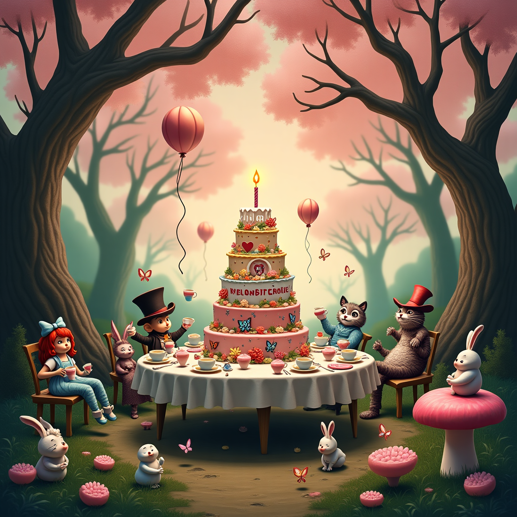 The scene opens up in an enchanted, whimsical forest clearing, where the trees twist and turn in peculiar shapes, some forming arches and others looking like they're bending down to listen to the chatter below. This is no ordinary birthday celebration, but an Alice in Wonderland-inspired "Unbirthday Party," where logic has taken a holiday and delightful chaos reigns supreme. At the heart of this gathering is a long, elaborately set table teetering with mismatched teacups, saucers, and teapots spewing pastel-colored steam. 

Seated around the table are eccentric characters reminiscent of Wonderland: a Mad Hatter with an oversized top hat, a March Hare juggling cupcakes, and a Cheshire Cat lounging in the crook of a tree branch, its mischievous grin ever-present. In the middle of the table, a magnificent cake towers, layer upon layer, decorated with playing cards, tiny edible clocks, and sugar roses. Crowning the cake is the message "Happy Unbirthday, MARISOL!" in vibrant icing, swirling around a sparkling candle that seems to change color every few seconds.

Suspended above this fantastical tableau is a sky painted in surreal hues of pink and orange, with clouds that resemble fluffy cotton candy. A formation of balloons drifts lazily across the sky, each one carrying a letter of MARISOL’s name, ensuring it is spelled out vividly against the heavenly backdrop. Nearby, a stream of curious butterflies flutters by, their wings patterned like tiny stained-glass windows.

Adding to the charm, a group of whimsical creatures—some resembling white rabbits and others like hedgehogs—are gathered around a giant toadstool, clinking tiny teacups in celebration. In the background, a band of animated flowers seems to sway rhythmically, their petals singing an unbirthday tune. The entire scene is a riot of color and quirkiness, a perfect blend of whimsy and celebration, uniquely crafted to captivate and enchant Marisol on her special day.
Generated with these themes: alice unbirthday party.
Made with ❤️ by AI.