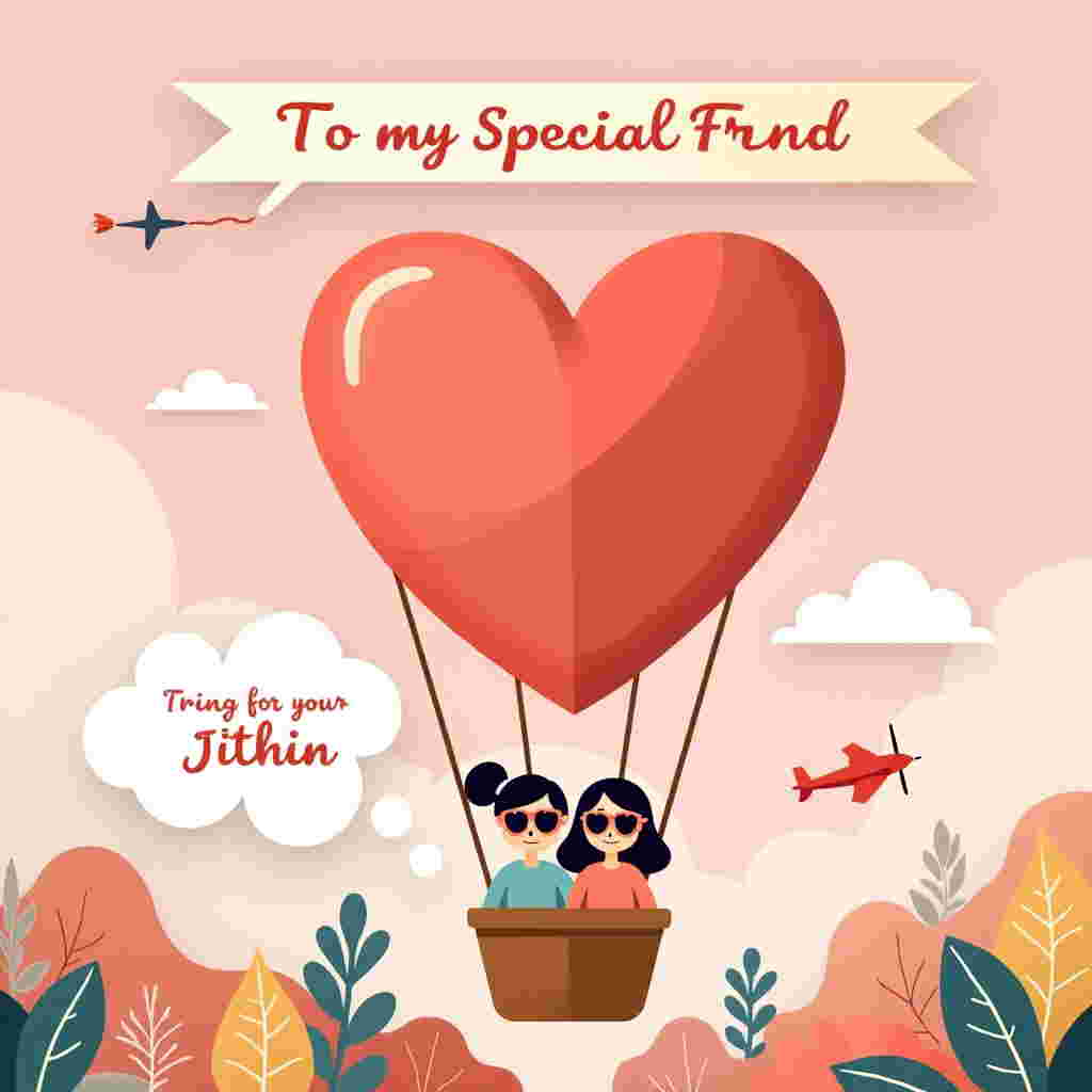 The front cover of this Valentine’s Day greeting card will feature a whimsical scene set against a soft pastel pink background. The central focus is a large, heart-shaped hot air balloon hovering above a stylized, flat landscape. The balloon itself is a rich, vibrant red with a shiny surface that captures a playful light reflection using bold, white highlights. The basket hanging below the balloon is crafted from simple, brown geometric shapes.
Peeking out of the basket, a flat-style vector illustration of a pair of quirky cartoon friends is visible. They each wear heart-shaped sunglasses, adding a playful touch. Their skin tones, hair, and clothing colors vary, offering diversity, with hues such as coral, teal, and mustard yellow, matching the overall palette of the card.
To the left, a cloud shaped like a speech bubble gently floats in the sky, outlined with crisp white edges and filled with a soft lavender tone. Inside the bubble, in clean, sans-serif font, the words "To my Special Friend" appear in a contrasting deep indigo color, ensuring they are easy to read.
In the lower part of the card, stylized, flat flora elements such as oversized daisies and simple leaf patterns add to the decorative aspect. These elements are colored in pastel greens and yellows, enhancing the lighthearted vibe of the scene.
Adding a playful twist, a sky banner being towed by a small cartoon airplane, colored in powder blue, stretches across the top of the scene. The banner is cream-colored with a red border, and the name "Jithin" is written in bold, curvy letters in a cheerful orange hue.
Overall, the card is designed with clean lines and a flat vector style, ensuring each element is visually distinct, contributing to a quirky yet cohesive composition.
Generated with these themes: To my Special friend.
Made with ❤️ by AI.