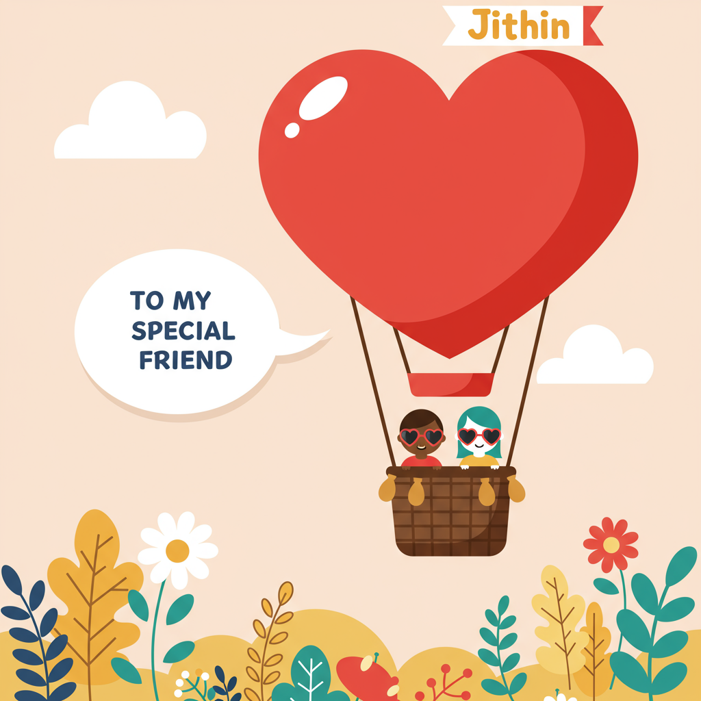 The front cover of this Valentine’s Day greeting card will feature a whimsical scene set against a soft pastel pink background. The central focus is a large, heart-shaped hot air balloon hovering above a stylized, flat landscape. The balloon itself is a rich, vibrant red with a shiny surface that captures a playful light reflection using bold, white highlights. The basket hanging below the balloon is crafted from simple, brown geometric shapes.
Peeking out of the basket, a flat-style vector illustration of a pair of quirky cartoon friends is visible. They each wear heart-shaped sunglasses, adding a playful touch. Their skin tones, hair, and clothing colors vary, offering diversity, with hues such as coral, teal, and mustard yellow, matching the overall palette of the card.
To the left, a cloud shaped like a speech bubble gently floats in the sky, outlined with crisp white edges and filled with a soft lavender tone. Inside the bubble, in clean, sans-serif font, the words "To my Special Friend" appear in a contrasting deep indigo color, ensuring they are easy to read.
In the lower part of the card, stylized, flat flora elements such as oversized daisies and simple leaf patterns add to the decorative aspect. These elements are colored in pastel greens and yellows, enhancing the lighthearted vibe of the scene.
Adding a playful twist, a sky banner being towed by a small cartoon airplane, colored in powder blue, stretches across the top of the scene. The banner is cream-colored with a red border, and the name "Jithin" is written in bold, curvy letters in a cheerful orange hue.
Overall, the card is designed with clean lines and a flat vector style, ensuring each element is visually distinct, contributing to a quirky yet cohesive composition.
Generated with these themes: To my Special friend.
Made with ❤️ by AI.