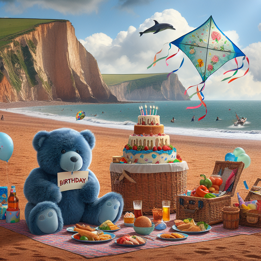 Imagine a festive scene on a scenic beach of Devon's coast. In the middle of the image, there's a warm picnic setup on the golden beach. It's brimming with various birthday snacks and in its center sits a plush, blue teddy bear clutching a birthday note. Rising from the backdrop, you can see the famed Devon cliffs and a cheerful dolphin is seen taking a jump from the water near the coastline. Above all this, a kite with the design of a birthday cake is fluttering in the sky, its colorful ribbons seeming to blend with the merry laughter of the beach party attendees.
Generated with these themes: Devon beach.
Made with ❤️ by AI.