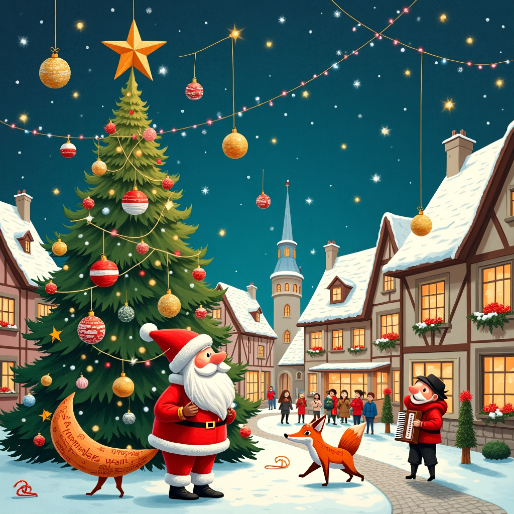 In the whimsical Christmas card scene, imagine a vibrant, bustling town square at the heart of a snow-dusted European village. Towering at the center is an enormous Christmas tree, its branches adorned with the most peculiar yet charming ornaments: palline di natale, or Christmas baubles, crafted meticulously from origami using printed newspaper sheets. The baubles hang delicately, their intricate folds and creases revealing snippets of bold headlines and comic strips, creating a patchwork of monochrome and colorful splashes. The tree is set against a backdrop of traditional half-timbered houses, their windows aglow with warm light. Nearby, a group of curious children, bundled in woolen scarves and hats, marvel at a peculiar sight: a life-sized Santa Claus, but with a twist—he is crafted entirely from folded newspaper, his jolly beard and suit cleverly illustrated with inked doodles reminiscent of Geo Law's playful lines. On the cobblestone path, a quirky fox sporting a Santa hat trots merrily, trailing a string of origami stars fluttering behind like a comet's tail. Overhead, a sky full of twinkling stars seems to wink, each star subtly resembling origami shapes, hinting at the secretive hands of an unseen cosmic artist. A street musician, with an origami accordion, fills the air with festive melodies, his notes swirling like the snowflakes dancing around. The scene is both a celebration of Christmas and a tribute to the art of paper folding, seamlessly blending traditional holiday elements with the unexpected charm of origami and the printed word.
Generated with these themes: palline di natale origami con fogli di giornale stampato.
Made with ❤️ by AI.