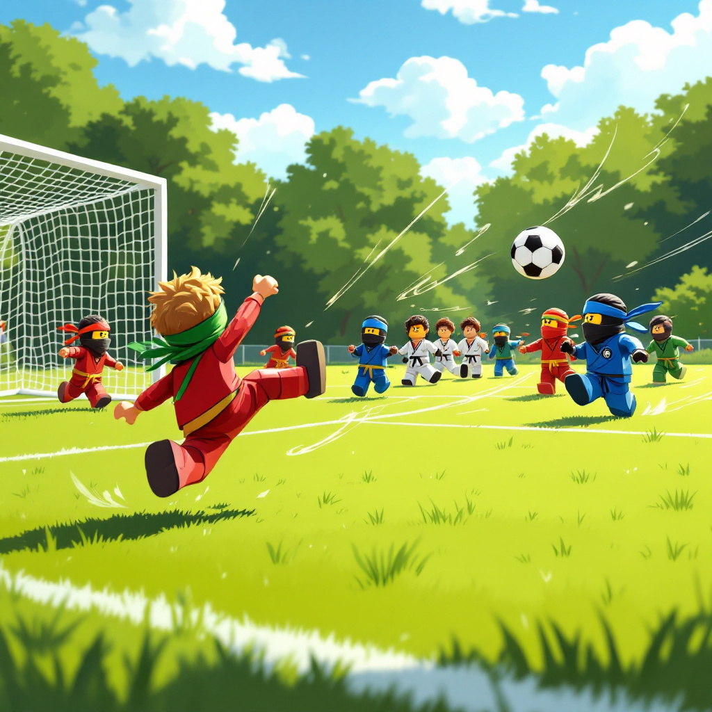 The scene unfolds on a sunny, grassy field where a thrilling birthday soccer match is in full swing, combining the playful charm of Charles Schulz with the action-packed excitement of Ninjago and Taekwondo. At the center of the scene, a lively group of cartoon characters, including agile ninjas clad in vibrant red, blue, and green outfits reminiscent of a Ninjago episode, are engaged in a fast-paced soccer game. Each ninja wears a headband, but instead of their usual symbols, they bear Taekwondo belts in varying colors—white, yellow, and black—indicating their rank.

On the left side of the field, one ninja, mid-kick, is launching a soccer ball into the air with an impressive Taekwondo high kick, showcasing a blend of martial arts prowess and athletic skill. The ball, decorated with cartoonish spirals of energy, is soaring toward the goal. In the background, a group of animated Taekwondo practitioners, sporting their traditional doboks with dynamic black stripes, are cheering enthusiastically, some performing intricate high-flying kicks and flips, echoing the whimsical energy of a Calvin and Hobbes adventure.

A giant birthday banner arches over the soccer field, its letters crafted from colorful balloons, spelling out "HAPPY BIRTHDAY RISHAAAN!" The "Rishaan" portion of the banner stands out with golden, shimmering balloons that reflect the sunlight. Above this, the sky is adorned with fluffy clouds that seem to form into a whimsical birthday cake shape, with "Rishaan" subtly etched into the icing-like cloud swirls.

On the right, a ninja, wielding a wooden bo staff painted like a referee's whistle, is acting as the whimsical referee, blowing an oversized, comical whistle that produces vibrant musical notes visible in the air, taking inspiration from the playful art style of Gary Larson. The sidelines are populated with quirky spectators, including a variety of animals such as a soccer-playing panda and a Taekwondo-practicing kangaroo, adding a nod to R. Crumb’s underground comix style.

The vibrant, dynamic scene encapsulates the excitement of the sport and the fun of the birthday celebration, blending artistic inspiration from legendary cartoonists into a unique tableau that perfectly celebrates Rishaan's special day.
Generated with these themes: Ninjago, Soccer, and Taekwondo.
Made with ❤️ by AI.