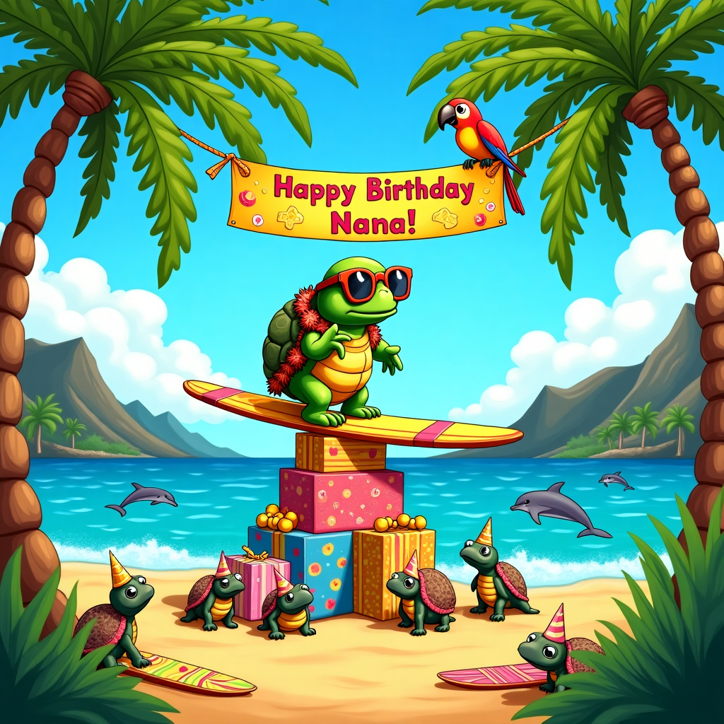 Picture a sun-drenched day on the tropical paradise of Kauai, where the vivid greens of the palm trees sway gently against the backdrop of a sparkling azure sea. In the foreground, Yurtle the Turtle, wearing oversized round glasses and a colorful floral Hawaiian shirt, is balancing atop a stack of birthday gifts precariously piled on a surfboard. The gifts are wrapped in various bright patterns, featuring cartoonish images of seashells and hibiscus flowers, their ribbons fluttering in the gentle island breeze.

Above Yurtle, a vibrant banner is strung between two leaning palm trees, reading "Happy Birthday Nana!" in a cheerful, hand-lettered style. The banner is adorned with playful depictions of leis and pineapple slices. In the sky, fluffy clouds are whimsically shaped like various sea creatures—a dolphin, a seahorse, and a starfish—adding a touch of magic to the scene. A colorful parrot, with feathers matching the island's sunset hues, perches on one end of the banner, beak opened in mid-squawk as if singing birthday wishes.

On the golden sand, a small gathering of turtles, each donning a festive party hat, looks up at Yurtle with amused expressions. They are surrounded by a circle of tiny surfboards, each painted in bold, cartoonish patterns reminiscent of a 1960s pop art style, echoing the influences of R. Crumb. In the distance, the peaks of the island’s majestic mountains rise, their slopes cloaked in lush foliage, while a pod of dolphins leaps joyfully in the ocean waves.
Generated with these themes: Nana is yurtle the turtle in kauai.
Made with ❤️ by AI.
