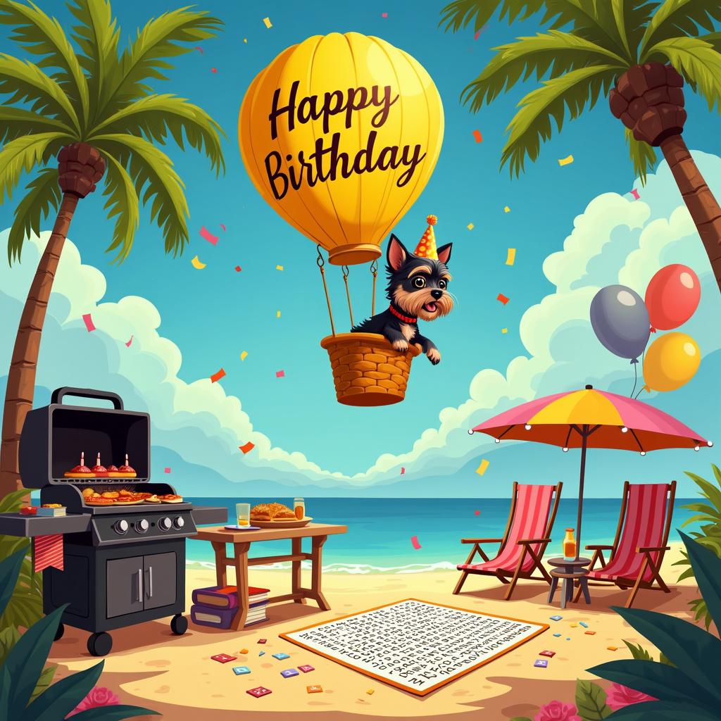 A vibrant Florida-themed cartoon scene for Grandad's birthday unveils a joyous outdoor BBQ party. In the center, a cheerful mini schnauzer wearing a party hat sits in a yellow hot air balloon adorned with 'Happy Birthday Grandad' on the basket. The balloon is tethered to the ground near a sunny beach with palm trees. Below, a BBQ grill sizzles with treats; a side table overflows with books, including a 'Grandad's Great Grill Recipes.' On the sandy beach, a giant word search puzzle is laid out with guests lounging on beach chairs enjoying the game. The yellow and blue sky complements the yellow theme, and a banner flutters in the breeze with the same sunny hue, spelling out 'Grandad's Special Day!' amidst floating balloons and confetti.
Generated with these themes: Mini schnauzer, Hot air balloon , Bbq, Yellow, Florida, Books, and Word search puzzle.
Made with ❤️ by AI.