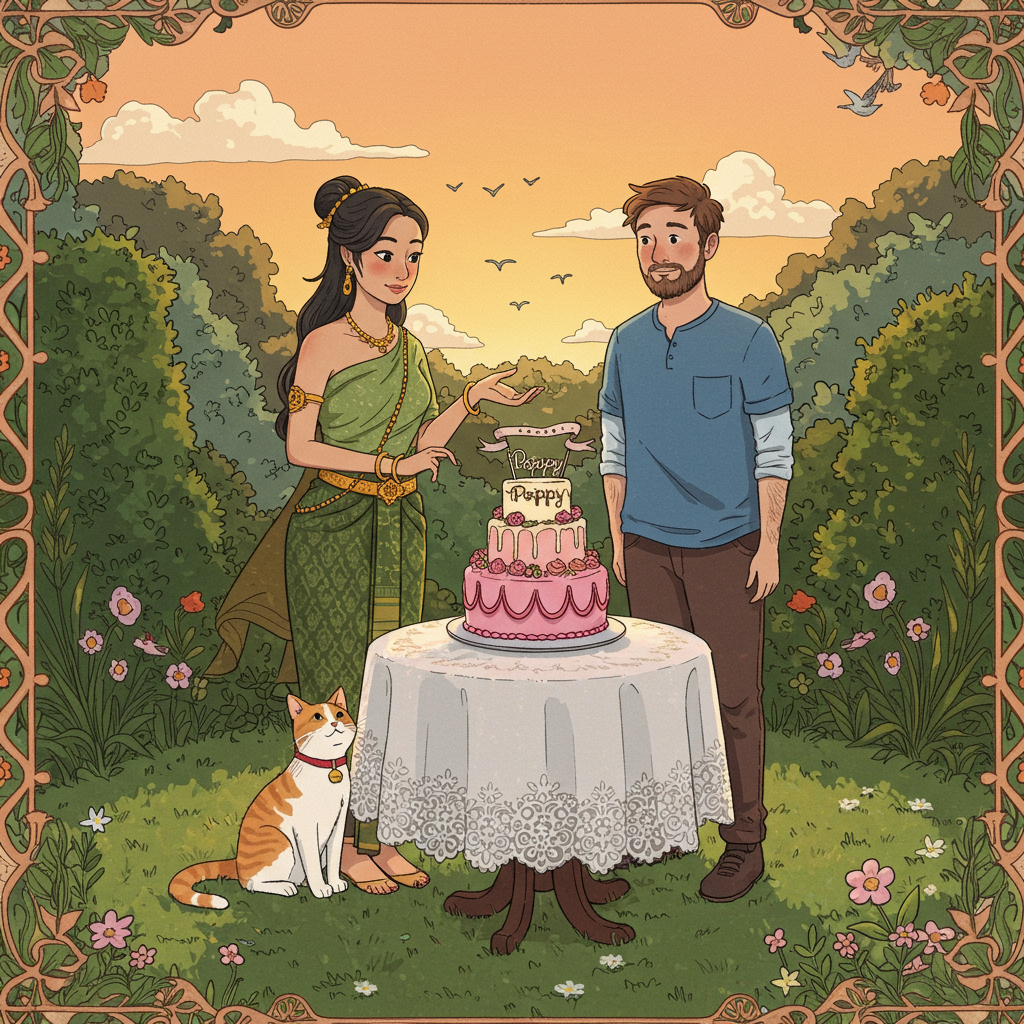 The scene is set in a lush garden under the golden glow of a setting sun, casting long shadows and warm highlights across the illustration. Imagine a circular clearing surrounded by tall, green hedges adorned with colorful blossoms reminiscent of Beatrix Potter's idyllic nature scenes.
In the center, there's a small round table covered in a white lace tablecloth with intricate floral patterns. On the table sits a two-tiered birthday cake, intricately decorated with pastel pink and lavender frosting swirls, reminiscent of the detailed craftsmanship of an Edward Gorey piece. The cake is adorned with delicate sugar flowers and a small, whimsical banner at the top, where the text "Poppy" is written in elegant script, fluttering like a flag in the gentle breeze.
Standing to the left of the table is a Thai lady with long, flowing black hair that catches the light with a subtle sheen, reminiscent of Aubrey Beardsley's detailed line work. She wears a traditional silk dress in a vibrant shade of emerald green with gold accents, her posture graceful and poised as she gestures toward the cake.
Beside her, a white and ginger cat with a distinctive red collar and bell sits on its haunches, its fur meticulously detailed like the animals in Quentin Blake's illustrations. The cat's eyes are wide and curious, reflecting the scene before it.
To the right, the English guy with a rugged brown beard stubble and brown hair stands, wearing a casual blue shirt with rolled-up sleeves, reminiscent of Norman Rockwell's relaxed, approachable figures. His shirt, a shade of deep ocean blue, adds a pop of color against the earthy tones of the background.
The sky above is a gradient of soft oranges and purples, with a few fluffy clouds reminiscent of Maxfield Parrish's dreamlike skies. Birds can be seen flying in the distance, drawn with delicate strokes similar to Arthur Rackham's work, adding a sense of depth and movement.
The entire scene is bordered by an intricate, hand-drawn frame of twisting vines and blossoms, echoing the lushness of the garden and tying the composition together in a harmonious and inviting celebration of life and color.
Generated with these themes: Thai lady with long black hair, White and ginger cat with red collar and bell, and English guy with brown beard stubble and brown hair in blue shirt.
Made with ❤️ by AI.
