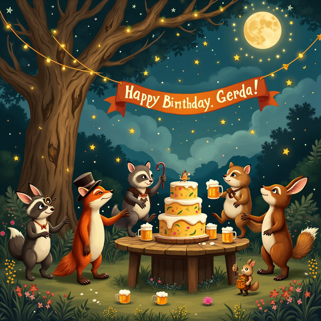 The scene is set in a whimsical beer garden under a twilight sky filled with twinkling stars and strings of fairy lights. In the foreground, a jovial group of anthropomorphic animals—think of Beatrix Potter's charming creatures—are dancing merrily around a rustic wooden table laden with frothy mugs of beer. There's a fox in a top hat and monocle doing a jig with a raccoon wearing suspenders, while a pair of squirrels in Victorian-era garb spin around each other in a lively waltz.

Off to the side, a portly bear wearing lederhosen is lifting a stein in a hearty toast. Behind the dancing animals, the background reveals an ancient oak tree adorned with a glowing "Happy Birthday Gerda!" banner strung between its branches. The banner is whimsically written in Quentin Blake-inspired script with twirling vines and little stars decorating the letters.

Underneath the oak tree, a mischievous rabbit with a party hat is standing on tiptoe, trying to reach a large, multi-tiered birthday cake that sits atop a wooden barrel. The cake is adorned with miniature beer mugs made of icing and tiny dancing figurines around its layers.

In the sky, in the style reminiscent of Maxfield Parrish’s ethereal clouds, the stars seem to spell out "Gerda" subtly yet unmistakably. A moon with a friendly face looks down approvingly on the festive scene, and fireflies hover, casting a warm glow over everything.

Details include a field of wildflowers underfoot, where a hedgehog band is playing lively tunes on tiny instruments—an accordion, a fiddle, and a drum. Lush greenery frames the scene, giving it an enchanted, storybook feel, as though the celebration is taking place in a hidden corner of a magical forest.

The entire illustration is filled with delightful, intricate details, from the texture of the animals' fur to the bubbles in the beer and the delicate petals of the wildflowers. This festive tableau captures both the merriment of dancing and the camaraderie of sharing a drink, all while celebrating Gerda's special day.
Generated with these themes: Beer, and Dancing.
Made with ❤️ by AI.