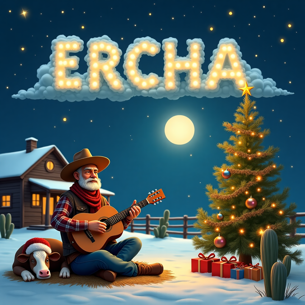 Cowboy , Sleepy cow , Christmas tree, gifts , moon Christmas Card