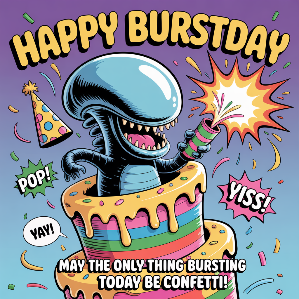 At the top of the Cartoon Style image, "Happy Burstday"

At the bottom of the Cartoon Style image, "May the only thing bursting today be confetti!"

Center scene: A cute, chubby-limbed xenomorph with an oversized shiny dome head and goofy toothy grin bursts up out of a towering, rainbow-frosted birthday cake. It’s wearing a polka-dot party hat, one claw firing a party popper as a huge comic starburst of confetti and streamers explodes behind it. The cake tilts comically, frosting and sprinkles flying in exaggerated arcs. Add small comic onomatopoeias in bright stickers: “POP!”, “YAY!”, and a tiny “hiss!” speech bubble near the xenomorph for a playful nod.

Style notes: Thick black outlines, bright saturated colors (acid green, hot pink, electric blue, sunshine yellow), energetic motion lines, glossy highlights, and whimsical poses. Background: a fun space-party vibe—bunting, balloons, and a porthole showing stars. Keep it family-friendly and silly; no gore—just cake, confetti, and chaos.
Generated with these themes: Xenomorph, Funny, Happy Burstday, and .
Made with ❤️ by AI.
