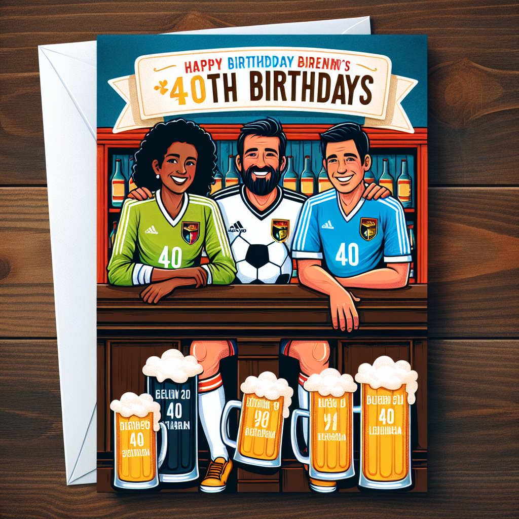 An invitation with a cartoon-themed illustration featuring three friends celebrating their 40th birthdays. They are represented as diverse individuals, one of them being a Hispanic female, the second a Caucasian male, and the third a Black male, all in vibrant soccer jerseys showcasing their affection for the sport. They are gathered around a pub-style bar, casually leaning against it with personalized beer mugs in their hands. The ambiance signifies joy during a celebration where sports, friendship, and high spirits prevail.
Generated with these themes: invitation 40 birthday party 3 men pub with soccer shirts and beer.
Made with ❤️ by AI.