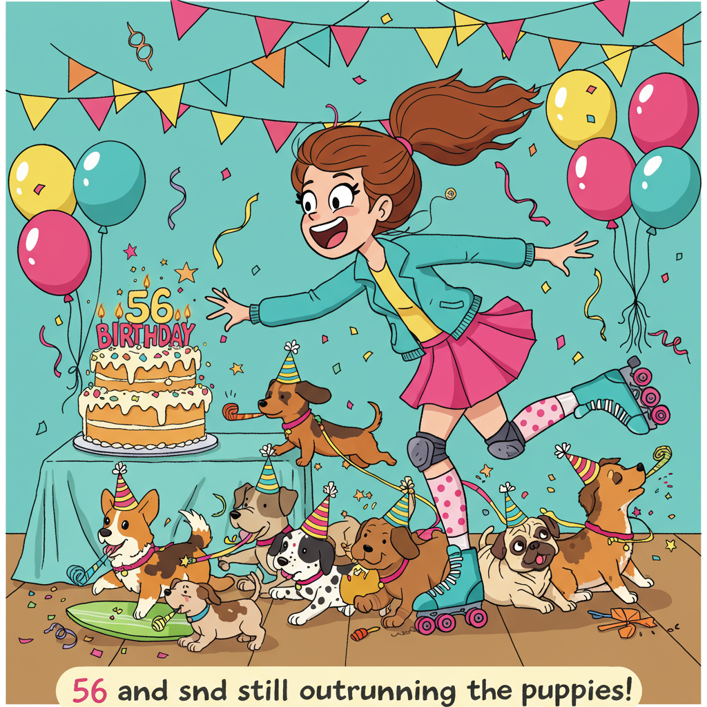 At the top of the Cartoon Style image, Happy Birthday Big Sister!

Playful, energetic cartoon scene in bright saturated colors with thick black outlines and exaggerated proportions. Portrait orientation, large image-first composition. Center stage: a grinning woman with reddish-brown (auburn) hair flying back in a high ponytail, big expressive eyes, and a fun party outfit (teal jacket, hot-pink skirt, polka-dot knee socks) zooming forward on roller skates. She’s being enthusiastically pulled by a lively pack of puppies and dogs on rainbow leashes—corgi, dachshund, Frenchie, golden retriever pup, beagle, dalmatian pup, and a pug—each in tiny party hats and blowing noisemakers. Dynamic swooshes, confetti trails, and curved leashes that read like streamers add motion. To one side, a towering, frosted birthday cake on a party table with exactly 56 lit candles (warm candle glow, a little wax drip, “56” in sprinkles) safely out of reach of the pups. Background bursting with balloons (including a bone-shaped balloon), bunting, streamers, and confetti in a candy palette (turquoise, lemon, magenta, tangerine, electric purple). Slight low-angle, wide-lens feel for extra oomph; clean flat shading with playful highlights and a subtle candle rim-light on faces. Silly details: a puppy sliding through confetti, another surfing a party blower, the heroine laughing, clearly not slowing down.

At the bottom of the image, small hand-lettered caption: 56 and still outrunning the puppies!
Generated with these themes: Puppies, Cake, , and .
Made with ❤️ by AI.