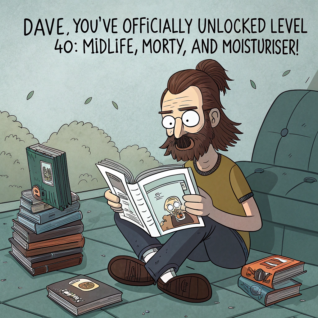 At the top of the image, "Dave, you've officially unlocked Level 40: Midlife, Morty, and Moisturiser!"

- In the center of the image, illustrate a cartoon scene featuring Dave as a bearded man with brown hair tied in a scruffy lower back ponytail, wearing thick-rimmed glasses and a slightly too-tight Rick and Morty t-shirt.  
- He’s sitting cross-legged on the floor surrounded by piles of sci-fi novels and graphic novels, holding one open dramatically while wearing an expression of over-the-top seriousness.
- Behind him, a floating portal crackles with cartoon energy, and out of it comes a tiny alien holding a balloon that reads, "Over the hill? More like through the wormhole!"
- One of the books on the ground is titled "Back Pain: The Multiverse Strikes Back!"
- A hovering robot waiter offers Dave a cake shaped like a Pickle Rick, complete with candles labeled 4 and 0.
Generated with these themes: Turning 40 Bearded man with brown hair in a lower back pony tail and glasses reading with a Rick and morty top, and .
Made with ❤️ by AI.