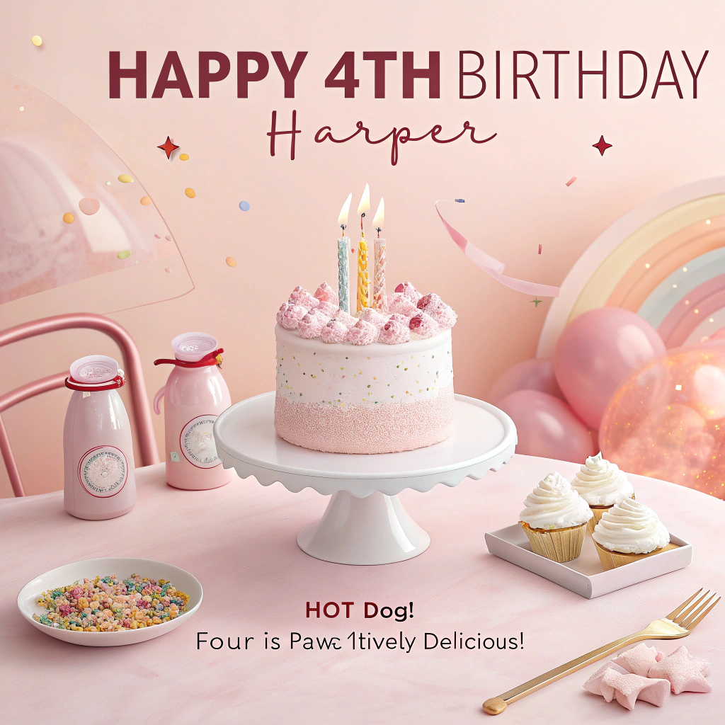At the top of the Photorealistic picture taken from a camera image, "Happy 4th Birthday Harper"

At the bottom of the image, "Hot dog! Four is paws-itively delicious!"

Ultra-high-definition 4K UHD photorealistic scene in a soft-pink party setting: a pastel-pink decorated dining table with a glossy white cake stand holding a tall vanilla cake covered in silky pink buttercream swirls, four sparkling candles flickering, and delicate rainbow sprinkles. Front and center, a miniature dachshund (sausage dog) with a shiny chestnut coat, wearing a tiny pink polka-dot party hat and satin bow, stands with front paws on the table edge, nose adorably smudged with a dab of frosting, bright eyes catching the light. Behind, a rose-gold foil number “4” balloon floats among clusters of pastel-pink balloons, curled ribbons, and paper fans; soft confetti drifts midair. Background tastefully blurred with rich depth of field and warm natural window light from the left, gentle fill to the right; textures of fur, frosting, and ribbons are lifelike and tactile. Shot on a 50mm prime at f/2.0, ISO 200, 1/200s for crisp subject focus and creamy bokeh of fairy lights in the distance. Color palette: blush pink, rose gold, cream, and warm neutrals. Leave clean negative space above and below for the headline and punch-line; render text in a playful white hand-lettered script with a subtle rose-gold shadow for legibility.
Generated with these themes: Pink, cake, sausage dog, 4th birthday decorations, and .
Made with ❤️ by AI.