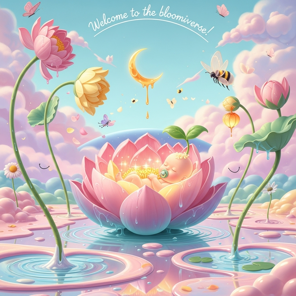 Image prompt:
A dreamlike, pastel-surreal landscape where a giant peony-lotus bloom unfurls into a cradle, gently cupping a luminous, chubby-cheeked newborn formed from soft petals and starlight; the baby’s tiny sprout curl and pearl-dewdrop pacifier glow warmly. Around them, impossibly long flower stems arc and softly melt into glossy paint puddles that ripple into heart-shaped ponds. Petal-clouds drift like cotton candy, casting ethereal, volumetric beams; a curved horizon smiles, while a thin crescent sun drips golden honey that turns into floating seed-stars midair. Butterflies of translucent petals hover; velvet pom-pom bumblebees carry pollen lanterns. Palette: blush pink, butter yellow, lavender, mint, and mother-of-pearl iridescence. Textures: soft painterly impasto, melting edges, delicate grain. Mood: adorable, tender, whimsical. Lighting: pearlescent glow, backlit haze, gentle bokeh. Composition: portrait, large central bloom-cradle, generous negative space above, reflective mirror-lake below; long playful shadows that curve. Style: Dali-inspired dreamlike surrealism with melting forms and ethereal lighting, ultra-detailed yet soft. Camera: 85mm look, shallow depth of field, tilt-shift focus on baby and main flower. No harsh contrasts, no clutter, no other text or logos.

Small on-image caption (hand-lettered, whimsical script, pearlescent ink, subtle drop shadow, arcing lightly across the upper sky):
“Welcome to the bloomiverse!”
Generated with these themes: Flowers , and .
Made with ❤️ by AI.