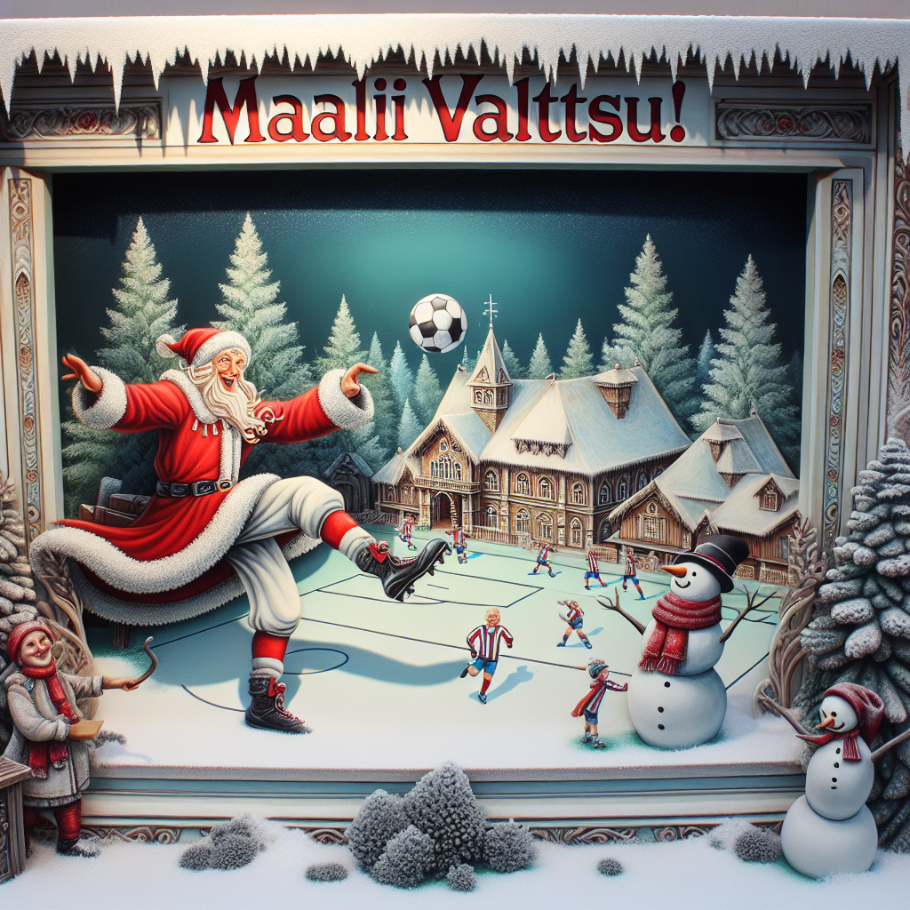 A quaint Christmas scene unfolds where Santa, in a playful twist, is shown skillfully kicking a soccer ball in a snow-covered village. Snowmen and woodland animals spectate the game. Above this adorable panorama, the phrase 'Maali Valtsu!' is emblazoned in icy, decorative font, adding to the festive atmosphere.
Generated with these themes: Santa playing soccer.
Made with ❤️ by AI.