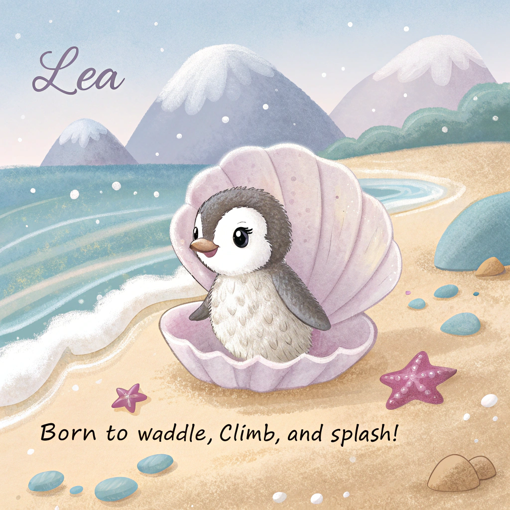 At the top of the Watercolor Style image, "Lea"

At the bottom of the image, "Born to waddle, climb, and splash!"

- Center scene: an adorable fluffy baby penguin nestled in a pastel scallop-shell “bassinet” on a sun-kissed beach, tiny webbed footprints leading to the shell. Gentle, translucent seafoam laps the sand with soft pigment blooms and watery edges.
- Background: dreamy, snow-dusted mountains rising in the distance, painted in airy indigo-lavender gradients that melt into the sky. Two small, doting parent penguins stand on either side like soft silhouettes, forming a subtle heart shape as they gaze down.
- Sky and palette: sunrise wash from blush-peach to powder-blue with a few heart-shaped cloud puffs; seafoam, sandy beige, icy mint, and warm lavender accents. Keep everything cute, light, and cuddly.
- Style notes: soft watercolor washes, delicate gradients, subtle pigment blooms, and visible natural paper texture. Minimal linework, soft shadows, and gentle splatter for sparkle.
- Typography: “Lea” in soft teal brush-script with ample breathing room; the punch line in warm gray, small and sweet.
Generated with these themes: Beach, Mountain, Penguins, and .
Made with ❤️ by AI.