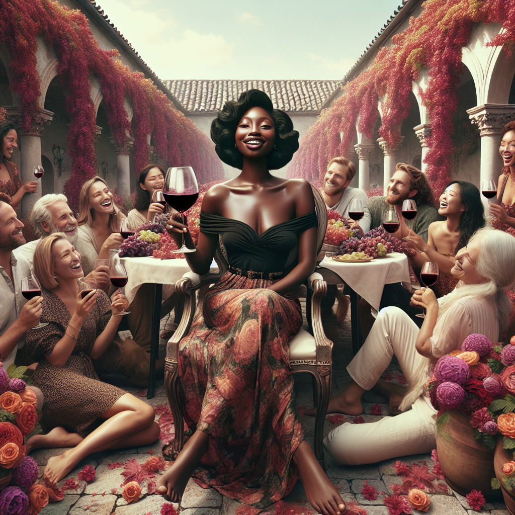 Create an image of a heartwarming birthday celebration. A Black woman with joyous expressions is the center of attention, seated serenely on an antique-themed Italian patio, the surfaces worn yet charismatic. The patio is surrounded by infinite rows of grapevines, merging intricately with an abundance of flamboyant blossoms in full bloom. She holds a glass of opulent, crimson-coloured wine that mirrors the elation in her eyes. Her friends, a mix of South Asian men and women, and Caucasian men and women, surround her, their collective merriment resonating with the whispering sounds of the flourishing grapevines. Each savored sip of wine serves as a tribute to the vibrancy of life.
Generated with these themes: Birthday woman sitting on an Italian Patio surrounded by grape vines and flowers sipping wine with friends.
Made with ❤️ by AI.