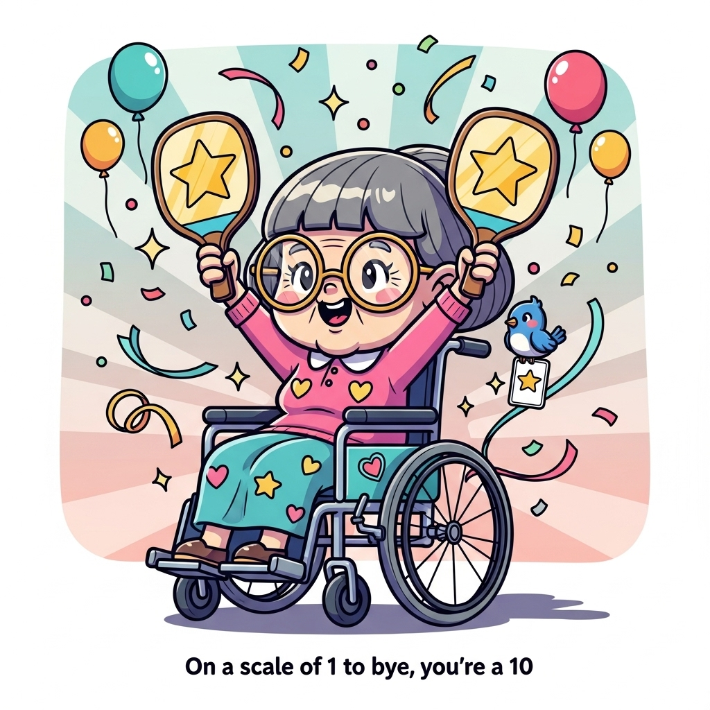 Playful cartoon, cute mood, thick outlines, bright saturated colors. Center a friendly little old lady with grey bobbed hair and big round glasses, in a shiny teal wheelchair decorated with heart and star stickers. Exaggerated proportions (big head, big eyes, tiny hands), rosy cheeks, joyful grin. She strikes an energetic pose, holding two paddle scorecards high above her head; each card shows a big gold star (no text on the cards). Confetti, streamers, and sparkles swirl; a tiny bluebird perches on the wheelchair handle holding a mini star card. Background: soft pastel gradient with a subtle sunburst, floating balloons, and a clean floor with a soft shadow under the wheels. Cheerful cel-shaded lighting, thick black outlines, super cute and whimsical.

Text on image (one short line, playful hand-lettered bubble font near bottom center): On a scale of 1 to bye, you’re a 10!

Composition: full-bleed vertical, character large and centered, dynamic motion lines, no extra text or logos.
Generated with these themes: Friendly little old lady, grey bobbed hair. wheelchair, holding scorecards up, and .
Made with ❤️ by AI.