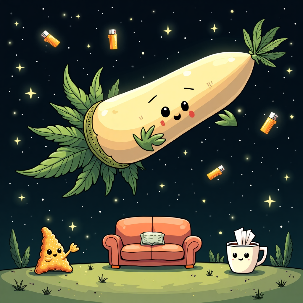 At the top of the illustration image, *"Friendos, sorry you're feeling blunt..."*

A cartoon-style illustration set in a swirling black void of space, where stars have been replaced by floating mini lighters and giggling cannabis leaves. In the center, a massive, slightly glowing, ridiculously oversized weed blunt floats majestically like a comforting space zeppelin. It has a gentle, stoned face with tired but sympathetic eyes, and it’s extending leafy little arms to offer a cozy hug. Around the blunt are other objects offering sympathy: a crying Dorito, a stoned couch with tissues, and a teacup with a little face sighing supportively. The mood is light-hearted, bizarre, and surprisingly tender – a hazy comfort in the vast void.
Generated with these themes: Giant weed blunt, and Black void.
Made with ❤️ by AI.