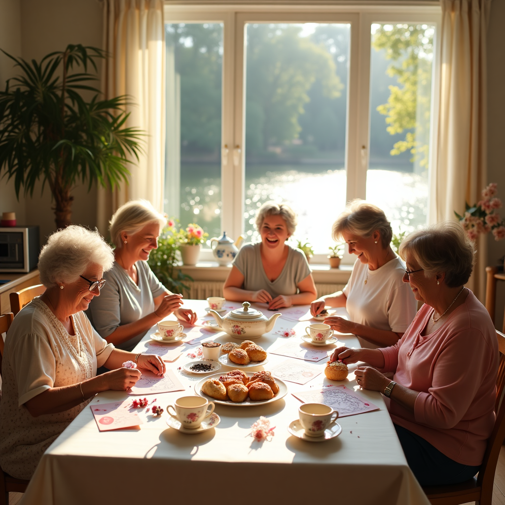 A sunny room filled with middle-aged women working together crafting paper cards, Tea and coffee and baked goods on a long side table, There is music playing, and laughter and chatter in the room, and The room is cozy with views outside to a little lake Birthday Card