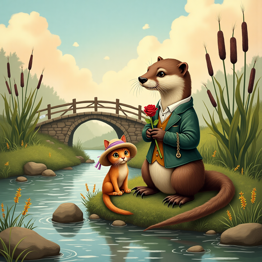 1 year anniversary card with a male otter and a female ginger kitten Anniversary Card