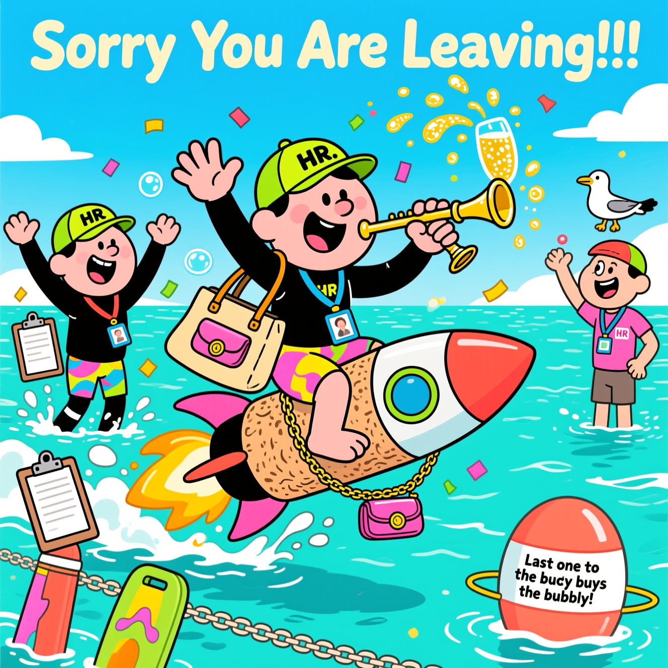 At the top of the Cartoon Style image, "Sorry You Are Leaving!!!"

Playful, funny cartoon scene on bright turquoise open water under a sunny sky. Exaggerated, big-headed HR Team characters with thick black outlines and energetic, whimsical poses splash and cheer in colorful wetsuits and neon swim caps labeled “HR.” The departing star is front and center, riding an oversized floating prosecco cork like a rocket, one hand waving grandly, the other balancing a sparkling flute; golden fizz arcs glitter like confetti. Handbags are hilarious swim gear: a giant tote used as a life ring, clutch purses as buoy markers, and a chain of handbags acting as a lane divider. Clipboards and ID lanyards double as kickboards and medals. Add playful details: a seagull lifeguard wearing an HR badge, bubbly splash shapes, sparkle highlights, and beaming faces. Use a bold, saturated palette (aqua, coral, sunshine yellow, hot pink, lime), thick outlines, chunky shadows, and dynamic diagonals for maximum pop. Small extra text: one cheeky line on a floating buoy near the bottom that reads, "Last one to the buoy buys the bubbly!"
Generated with these themes: Open water swimming, Prosecco, Handbags, HR Team, and .
Made with ❤️ by AI.