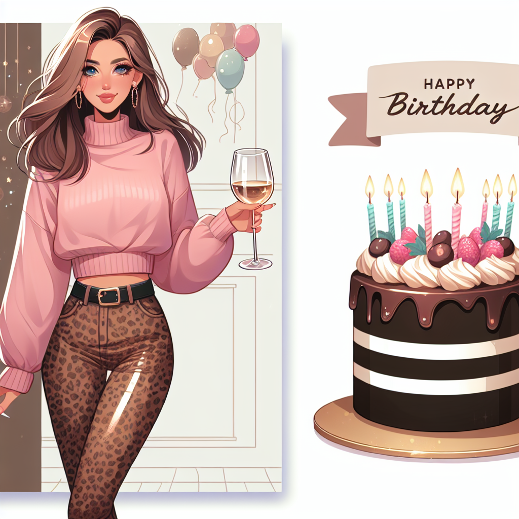 Lady, Brown shoulder length hair, Leopard print jeans, Pink jumper, Glass of white wine , and Chocolate cake Birthday Card