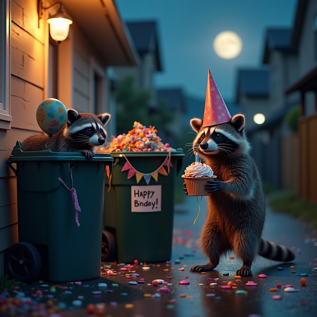 Raccoons in bins , and Birthday Card
