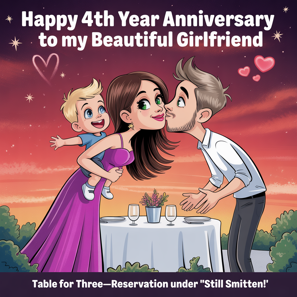 At the top of the Cartoon Style image, "Happy 4th year  anniversary  to my beautiful girlfriend "
At the bottom of the image, "Table for three—reservation under 'Still Smitten'!"

- Playful cartoon style with exaggerated proportions, thick outlines, and bright, saturated colors. Whimsical, energetic poses and big, expressive eyes.
- Scene: a romantic, starry evening with a rich red-to-rose sunset sky. Early twinkling stars and faint heart-shaped sparkles; a subtle cluster of four bright stars near the headline.
- Center foreground: the mother in a gorgeous flowing purple dress, long dark-blonde hair and green eyes, carrying their blonde, blue-eyed baby boy on her hip. She leans toward her husband for a kiss while sneaking a loving glance toward the table set for three. The baby laughs with arms stretched out toward his daddy.
- The husband: slim, short grey hair, short beard, green eyes, leaning in for the kiss and opening his arms to the baby. Smart-casual outfit (light shirt, rolled sleeves, dark trousers) to complement the scene.
- Midground: a cozy patio dining table romantically laid out for three—glowing candles, soft rose petals, two elegant place settings and a cute baby place setting/highchair, sparkling drinks, and fairy lights overhead.
- Lighting: warm candle glow and sunset rim-lighting around the family; soft heart-bokeh and gentle sparkles to enhance the romance.
- Composition: family slightly off-center, table invitingly visible, ample sky as negative space for the top headline; bottom punch-line in a clean band.
- Typography: headline in a bold, hand-lettered script (warm cream or rose-gold with a soft glow and drop shadow), bottom line in a playful bold font to match.
Generated with these themes: .
Made with ❤️ by AI.