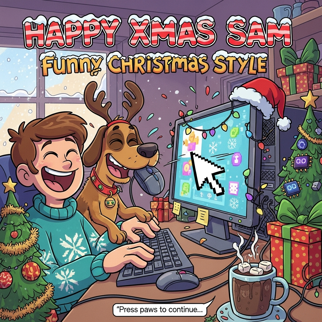 At the top of the Cartoon Style image, HAPPY XMAS SAM

Funny Christmas Cartoon Style scene with playful cartoon characters, exaggerated proportions, thick outlines, and bright saturated colors. Render the title in bouncy candy-cane lettering with snowy sparkle and a chunky shadow. In a cozy, techy home office, a cheerful character in a loud pixel-snowflake sweater laughs as their goofy dog, Chester (medium-sized, floppy-eared, big grin, wearing reindeer antlers and a jingly collar), “helps” with the computer: paws mashing a jumbo keyboard while the corded mouse dangles from his mouth as a chew toy. Tinsel-wrapped cables, fairy lights draped over the monitor, a Santa hat perched on the screen corner; the PC tower wrapped like a present with a big bow; a mini tree on the desk decorated with microchip and USB-stick ornaments. The monitor shows festive pixel snowflakes and playful icons (no readable text), with a giant cursor zipping across. Exaggerated motion lines, confetti-like snow, a cocoa mug wobbling with marshmallows, and a snowy window glow. Whimsical, energetic poses; rich candy reds, teals, lime greens, and snowy whites; thick black outlines and a bright, cozy, humorous vibe.

Place a small, single-line cheeky caption at the bottom in a playful speech bubble from Chester: "Press paws to continue..."
No other text.
Generated with these themes: Computing. playing with CHESTER the dog , and .
Made with ❤️ by AI.