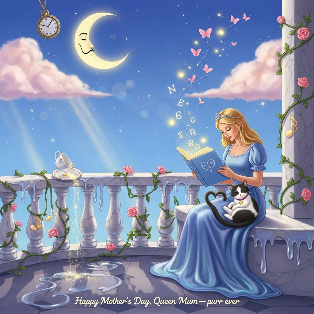 A balcony with a blonde princess in a blue dress with an black and white cat in her lap while she is reading, and Mothers-day Card