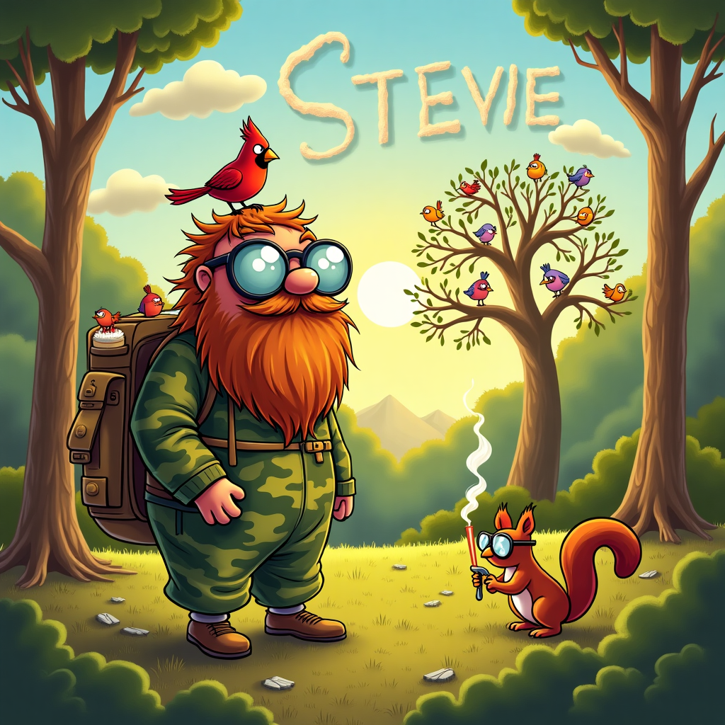 In a whimsical forest clearing, bathed in the golden glow of a cheerful sunrise, a comically disheveled character stands front and center—a man with a flowing, tangled beard that seems to have a life of its own. He's clad in a mismatched ensemble of camouflage gear, clearly trying to blend in with his vibrant surroundings, yet comically failing due to his flamboyant beard. Perched on top of his head is a bright red cardinal, chirping joyfully, as if it's a long-lost friend.

Our bearded character peers through a pair of oversized binoculars that are comically adjusted to fit his thick spectacles. The lenses magnify his bewildered eyes, making them appear hilariously large. Around him, the trees are alive with cartoonish birds of every color and size, each wearing tiny spectacles and miniature beards, some holding their own little binoculars, mockingly imitating him.

In the background, a cluster of trees forms the shape of the letters "S T E V I E," with the branches cleverly intertwined to spell out the birthday recipient's name. Above, the sky is dotted with fluffy clouds, one of which is humorously shaped like a birthday cake, complete with a candle puffing out a smoke trail that spirals into the word "Happy Birthday" written across the sky.

On the ground, a mischievous squirrel wearing its own pair of comically large spectacles is attempting to climb the character's camouflage pants, aiming for the backpack slung over his shoulder, which is bursting with birdseed. This quirky scene, with its delightful nods to birdwatching, beards, and the joy of a birthday celebration, invites Stevie to laugh at the endearing chaos of the forest on their special day.
Generated with these themes: Birdwatching, Beard, Binoculars, Spectacles, and Camoflage.
Made with ❤️ by AI.