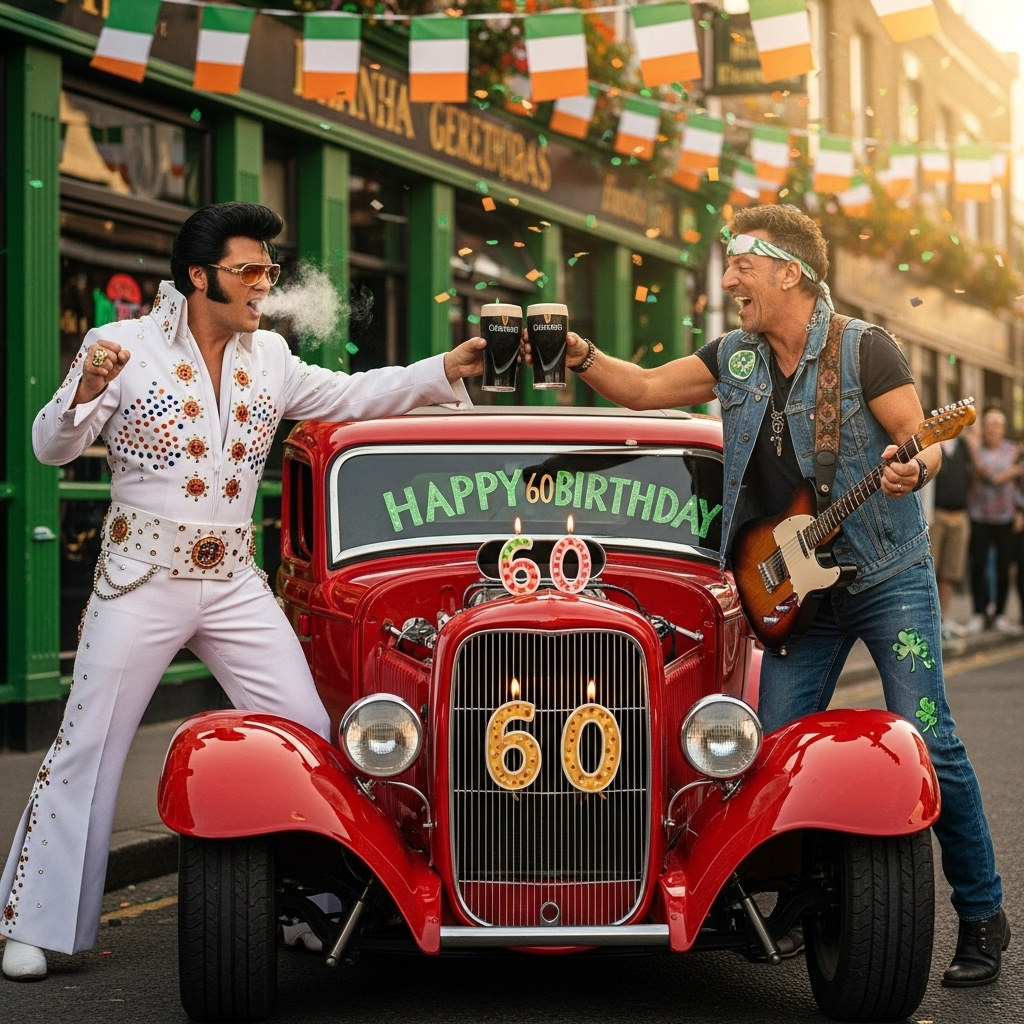 At the top of the Photorealistic picture taken from a camera image, Happy 60th Birthday

Ultra-high-definition 4K UHD, lifelike textures, accurate lighting, rich depth of field. Golden-hour street outside a lively Irish pub with an emerald-green facade and strings of Irish tricolor flags fluttering. Front and center, a candy-apple-red chrome-laden hot rod idles, door number “60,” tiny sparkler candles shaped like a 6 and 0 twinkling on the hood scoop. To the left, an Elvis Presley lookalike in a classic white rhinestone jumpsuit and aviators strikes a hip-swinging pose, crooning into a pint of Guinness as if it’s a microphone, creamy foam giving him a playful mustache. To the right, a Bruce Springsteen lookalike in faded denim and leather with a well-worn Telecaster slung low clinks his own pint of Guinness with Elvis, mid-laugh; shamrock decals on the guitar strap. The hot rod’s exhaust puffs a cheeky “60”-shaped smoke ring; green, white, and orange confetti drifts through warm sunlight. Condensation beads on the Guinness glasses, rich dark stout with creamy heads; chrome reflections capture the flags and crowd; detailed rhinestones and denim weave visible; natural, flattering skin tones.

Camera style: shot slightly low and close for a dynamic hero angle, 50mm prime at f/2.8, ISO 200, 1/500s, soft backlight with gentle sun flare, cinematic bokeh—Elvis, Bruce, and the hot rod tack-sharp, cheering pub-goers tastefully out of focus. Color grade warm with emerald and orange accents, true-to-life contrast, smooth highlight roll-off. No borders or watermarks.

At the bottom in small playful type: Born to Run on Stout!
Generated with these themes: Elvis, Bruce Springsteen, hot rod, Irish flag, guiness, and .
Made with ❤️ by AI.