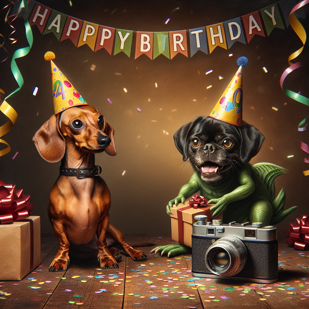 An endearing birthday image presents a warm, chuckling ambiance. It includes a portrayed brown miniature dachshund and a black puggle, both decorated with vibrant party caps, playing amid a burst of confetti. A classic camera rests in the forefront, signifying a love for photography. In the backdrop, a small, enigmatic, green, alien-like creature, equipped with a suave matching party hat, quietly uses telekinetic abilities to hover a gift-wrapped box towards the gleeful duo of dogs. To finish the scene, ribbons and a lively birthday banner romantically cascade in the rear.
Generated with these themes: Brown Minature dachshund, Black puggle, Photography, and Grogo.
Made with ❤️ by AI.