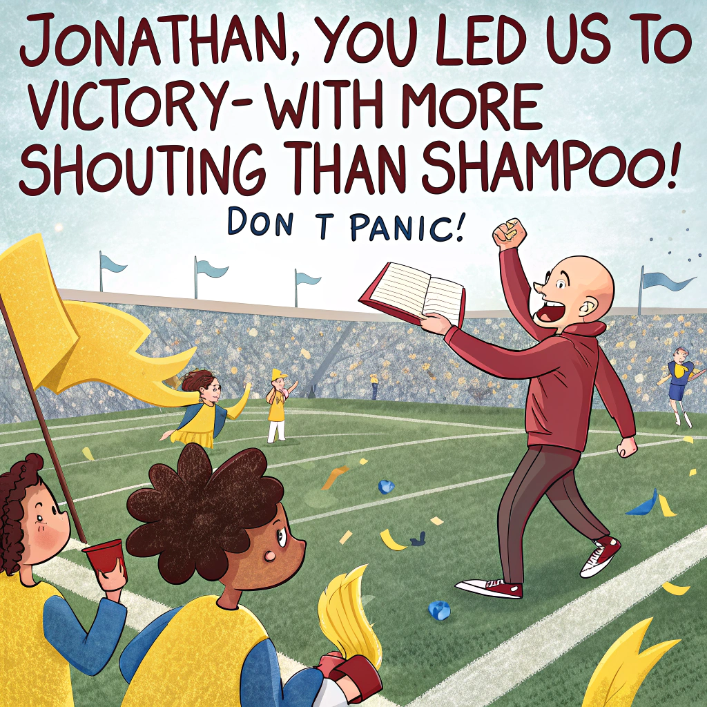 Bald football coach , Yellow and blue girls team, Don't panic banner, and Thank-you Card