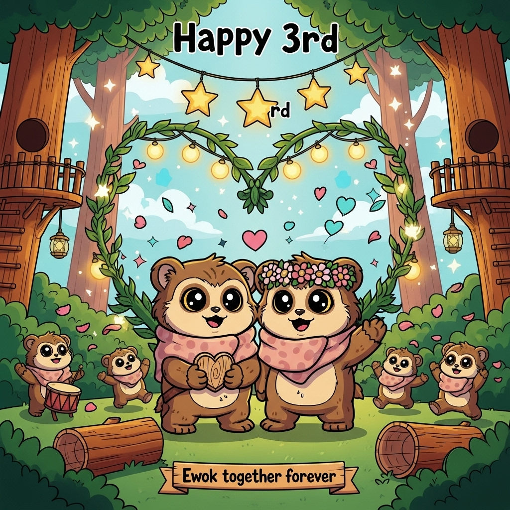 At the top of the Cartoon Style image, "Happy 3rd"

Two adorable Ewoks with chibi proportions and thick inky outlines stand beneath a heart-shaped arch of leafy vines and twinkling firefly lights in the lush Endor forest. They hold paws and beam with giant sparkling eyes; one offers a tiny carved wooden heart while the other wears a flower crown. Bright, saturated palette: emerald greens, honey-gold sunbeams, blush pinks, and sky-cyan accents. Around them, mini Ewok friends bounce in energetic poses, drumming on hollow logs and tossing petal confetti; three star-shaped lanterns dangle overhead as a playful nod to “3rd.” Soft, cel-shaded lighting with whimsical sparkles and bokeh heart glows; cozy treehouse platforms peek between towering redwoods. Composition is image-first and joyful, with bold shapes, chunky outlines, and dynamic motion swirls that keep the scene lively and cute.

At the bottom on a small wooden ribbon in a bubbly outlined font: "Ewok together forever."
Generated with these themes: Star wars ewoks, and .
Made with ❤️ by AI.
