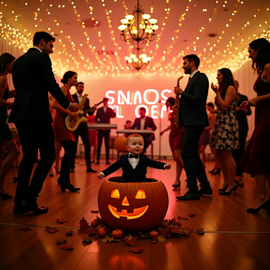 In the center of an elegant, windowless room with polished wooden floors and a ceiling adorned with twinkling fairy lights, a diverse crowd is caught mid-celebration. They are all dancing with high energy, dressed in semi-formal attire that ranges from sleek cocktail dresses to smart blazers, each with a hint of fall colors—deep oranges, warm browns, and rich maroons. The room buzzes with life and is lit by a series of chandeliers, reflecting off the varnished wood to create a warm, welcoming atmosphere. To one side of the room, a live band plays, complete with a saxophonist and a pianist, their instruments gleaming under the soft lights, sending joyful melodies that ripple through the space.

A massive New York Marquee sign, glowing in neon reds and yellows, is placed at the back of the room, reading "THANK YOU, SAM!" in bold, playful letters, the 'SAM' part highlighted in a twinkling effect to catch the eye. Fall trees, expertly painted on large canvas backdrops with hues of gold and crimson, are strategically placed around the room, bringing the crispness of New York’s autumn inside. These trees are adorned with fake leaves that appear as if they're caught in mid-fall, some suspended from the ceiling on fine threads, adding a touch of seasonal charm.

In a playful corner, a cute red-headed 9-month-old baby boy is sitting inside a large, carved-out pumpkin. The pumpkin has two circular holes at the front, where the baby's chubby legs stick out, kicking joyfully. He's wearing a miniature tuxedo onesie, complete with a tiny bowtie, making him the center of attention for many amused guests. Above him, a musical note-shaped mobile dangles, gently spinning, contributing to the musical theme of the party. The pumpkin is placed on a low table surrounded by small autumn leaves and miniature gourds, complementing the fall theme.

Everywhere you look, elements of dance, music, and fall come together, creating a harmonious scene of gratitude, fun, and celebration all centered around the glowing marquee that thanks Sam in style.
Generated with these themes: Diverse crowd high-energy dancing in semi-formal attire in large elegant windowless well-lit wooden room, New York Marquee, Fall trees in New York, Cute red-headed 9 month old baby boy sitting in a pumpkin with his legs sticking out through 2 holes in the front, and Music.
Made with ❤️ by AI.