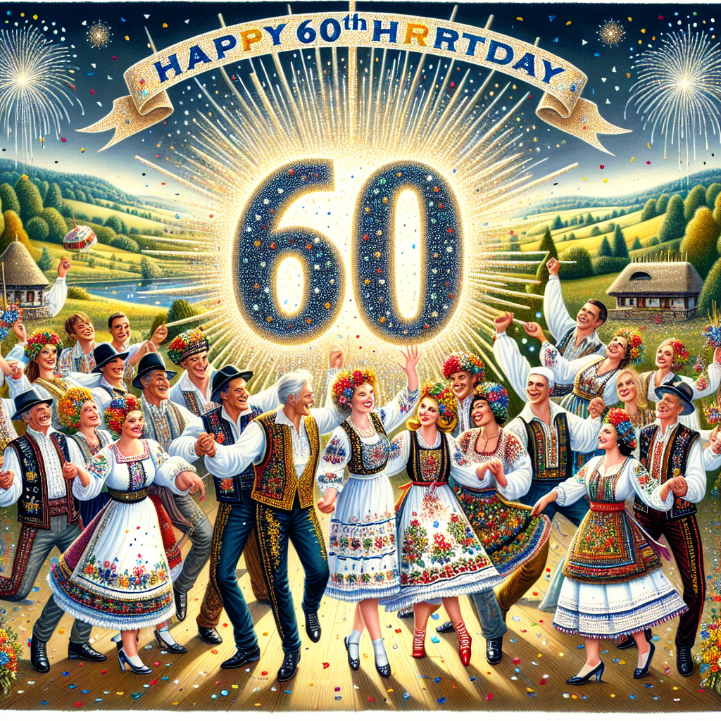 Create an enchanting illustration of a diverse group of joyous individuals, comprised of men and women from multiple descents such as Caucasian, Hispanic, Black, Middle-Eastern, and South Asian, jovially clothed in traditional Romanian embroidered folk costumes, adorned with sparkles. They are merrily dancing around a striking glittering numeral '60' radiating light like a disco ball in the heart of the image. Sprays of confetti float in the air, adding to the festive atmosphere. The backdrop of this lively scene is composed of archetypal Romanian landscapes. Above them, a banner waves bearing the text 'Happy 60th Birthday' in whimsical, shining letters.
Generated with these themes: Romania, Glitter, and 60th birthday.
Made with ❤️ by AI.