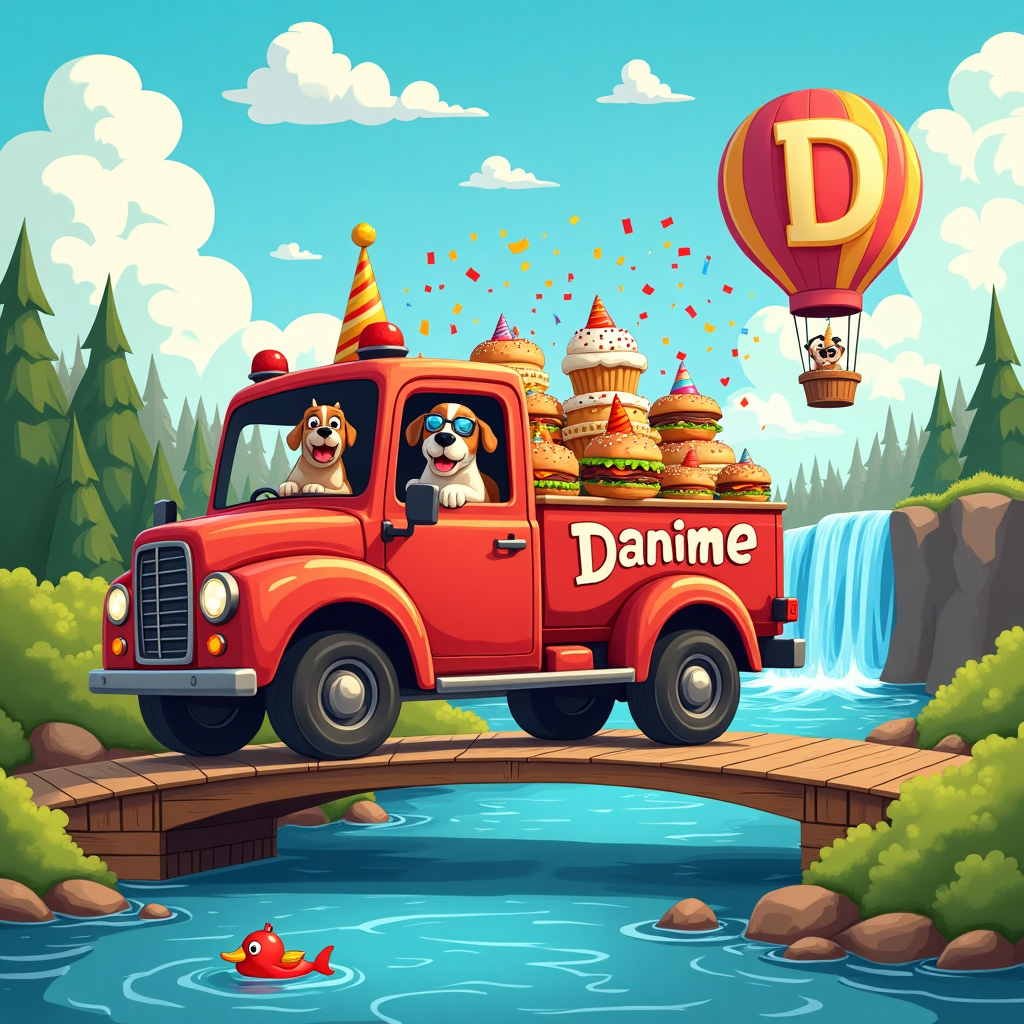 In the whimsical cartoon birthday scene, a colossal, vintage red truck—reminiscent of an old-timey fire engine—rumbles across a wooden bridge that stretches over a sparkling, sapphire-blue river. The river, painted with reflective ripples, has little cartoon fish peeking out, each wearing a party hat. The truck’s flatbed is a spectacular culinary feast, laden with oversized dog treats shaped like bones, burger patties, and cupcake mountains, each iced with rainbow colors. Two lively, cartoonish dogs, one a scruffy terrier and the other a droopy-eared basset hound, are seen joyfully piloting the truck, with their paws on the wheel and goggles perched atop their heads, capturing that sense of exhilarating adventure. 

In the sky above, fluffy white clouds are artfully shaped to spell out "Happy Birthday Daine," casting gentle shadows on the verdant landscape below. Amidst the clouds, a brilliantly colored hot air balloon floats serenely, with a large "D" emblazoned on its side, trailing a stream of fluttering confetti that showers down like a celestial waterfall. In the background, a cascading waterfall glistens in the sunlight, where a family of ducks can be seen sailing over its edge, equipped with tiny life vests and snorkels, ready for the plunge. This lively scene is a vibrant tapestry of celebration and merriment, perfectly capturing the essence of a birthday adventure for Daine.
Generated with these themes: Truck, dogs, Water, Food, something spectacular .
Made with ❤️ by AI.