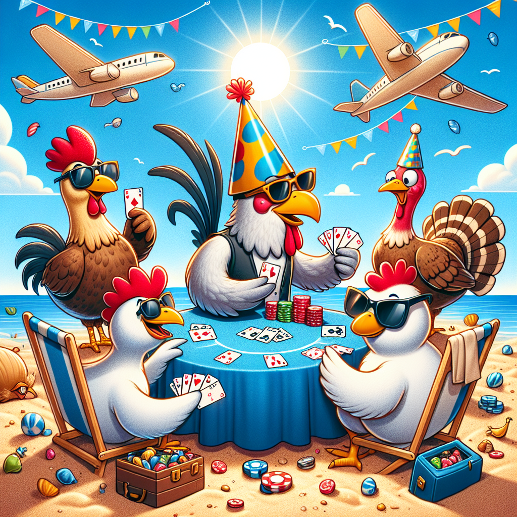 Cockeral, Goose, Turkey, Hen, Beach, Aeroplane, and Gambling Birthday Card