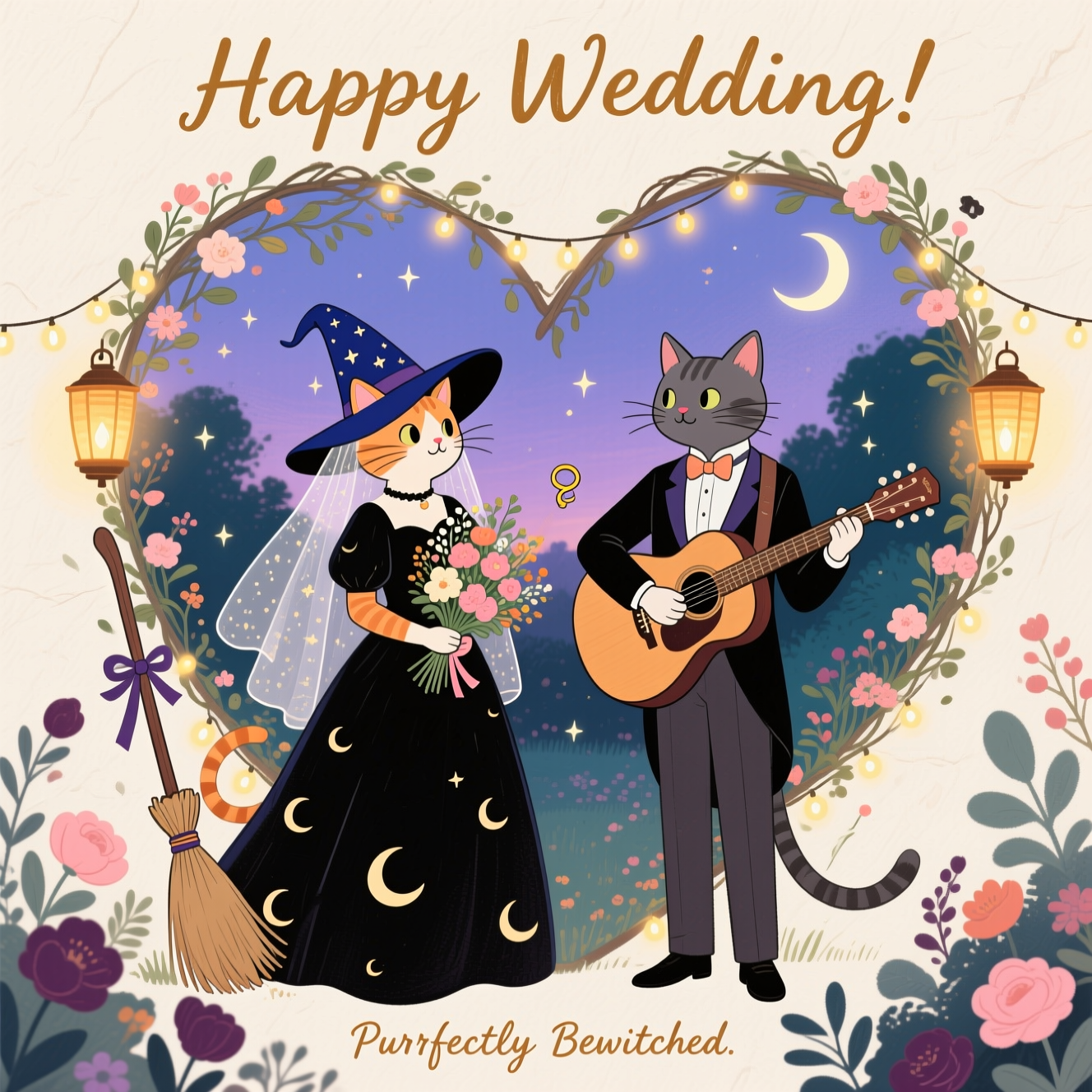 At the top of the Illustration Style image, Happy Wedding!

A sincere, hand-drawn illustration featuring an enchanting evening garden. Center stage: an anthropomorphic bride cat dressed as a witch and a groom cat serenading her with an acoustic guitar. The bride cat stands on the left beneath a heart-shaped arch of wild vines and soft florals; she wears a midnight-blue witch hat with a delicate star-dusted veil, a flowing black dress with subtle crescent patterns, and holds a bouquet of wildflowers in warm blush, cream, and sage. A small broom leans against the arch, adorned with a ribbon to feel romantic rather than spooky. The groom cat, on the right, wears a tailored tux with a soft bow tie; he strums the guitar gently, eyes lovingly meeting hers. A tiny ring ribbon is tied to the guitar headstock as a sweet detail.

Warm, expressive color palette: honey-gold lantern light, terracotta and blush florals, deep plum accents, sage foliage, and a twilight sky shifting from soft violet to deep teal. Fine linework for whiskers, fur, and florals; textured brush strokes in the foliage and garments; visible paper grain. Balanced composition with soft negative space around the arch; the couple forms a gentle V-shape leading to the guitar. Subtle sparkles drift from the bride’s veil like stardust, blending with glowing string lights; a crescent moon peeks through leaves, adding a tender rim light. Background guests are implied as soft shapes, keeping focus on the couple. Mood: intimate, sincere, and heartfelt.

Text styling: “Happy Wedding!” is hand-lettered at the top in warm gold ink with a soft shadow, slightly textured as if penned on watercolor paper.

Optional small caption for charm: at the bottom, in a small, playful handwritten line, add “Purrfectly Bewitched.”
Generated with these themes: Bride cat dressed as a witch and groom cat playing guitar, and .
Made with ❤️ by AI.