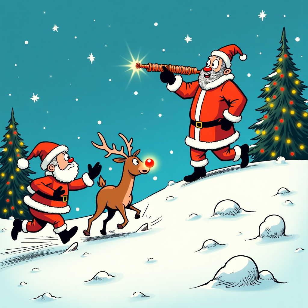 In this quirky Christmas card scene, we open on a snowy North Pole setting, reminiscent of Charles Schulz's simple yet expressive landscapes. The sky is a deep azure with soft, swirling snowflakes, lending an air of whimsy and chaos to the scene. In the foreground, we see Santa Claus, designed with the playful roundness of Disney’s classic characters, frantically sprinting across the snow. His iconic red suit is humorously tattered, with a black boot missing, and his hat flapping wildly in the wind. His eyes are wide in comedic terror as if he just stepped out of a Calvin and Hobbes misadventure.

Trailing behind Santa is Rudolph, his shiny red nose glowing brightly, casting a surreal spotlight effect reminiscent of Osamu Tezuka’s dramatic manga panels. His hooves skitter across the ice, and his eyes are as big as saucers, conveying his fright in a style akin to Gary Larson's The Far Side, hinting at a backstory where perhaps Santa has overindulged him with the wrong kind of carrot.

The plot thickens with the unexpected presence of Jesus, depicted with a light-hearted touch but not lacking in respectful detail. He stands on a snow-dusted hill, outlined with bold lines like in a Hergé Tintin comic, holding a comically oversized, vintage machine gun that looks like it’s made out of candy canes, complete with twinkling Christmas lights. His serene expression and halo add an ironic contrast to the absurdity of the situation, nodding to the layered storytelling found in Art Spiegelman’s work.

All around, the landscape is dotted with stylized pine trees, their boughs heavy with snow, inspired by the intricate detail of Winsor McCay’s Little Nemo landscapes. The whole scene is framed by an arch of playful snowflakes and twinkling stars, echoing the whimsical patterns of R. Crumb's underground comix. It’s a festive tableau where slapstick meets the surreal, perfect for a Christmas card that’s as unexpected as it is memorable.
Generated with these themes: Santa being chased, Rudolf looking scared, and Jesus holding a machine gun.
Made with ❤️ by AI.
