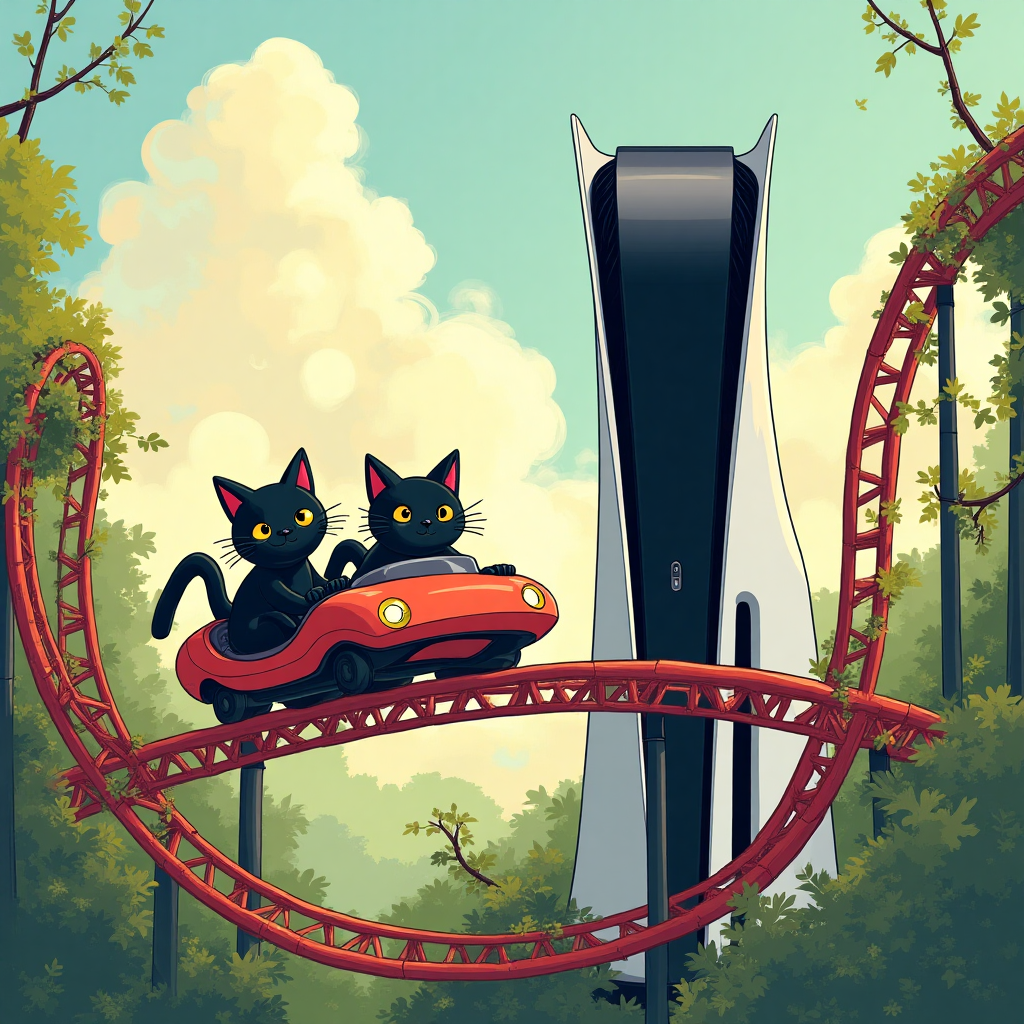 At the top of the Illustration Style image, "Happy birthday to my gorgeous bean".

Imagine a whimsical roller coaster winding its way through a fantastical landscape. The tracks are playful and looping, reminiscent of a dreamlike amusement park. Perched on one of the coaster's carriages are two adorable black cats, their eyes wide with delight and mischief, tiny paws gripping the edge with excitement.

In the background, the towering silhouette of a PlayStation 5 console stands like a futuristic skyscraper, its sleek design catching the light in a soft, inviting glow. Amidst this playful scene, elements inspired by the world of "The Last of Us" peek through: lush greenery climbing over the coaster's structures, hinting at a world where nature and adventure coexist in harmony.

The color palette is warm and inviting, with rich greens, soft blues, and splashes of playful reds and yellows. The fine linework captures every detail, from the texture of the cats' fur to the intricate patterns on the coaster.

Below this joyful scene, in a whimsical handwritten font, a cheeky line reads, "This ride just got better with you!"
Generated with these themes: Universal roller coaster , 2 Black Cats, Last of us, PlayStation 5, and .
Made with ❤️ by AI.
